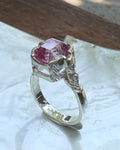 Handmade Antique Inspired Bubblegum Pink Tourmaline Ring in Sterling Silver with Lab Diamonds, size 7.5