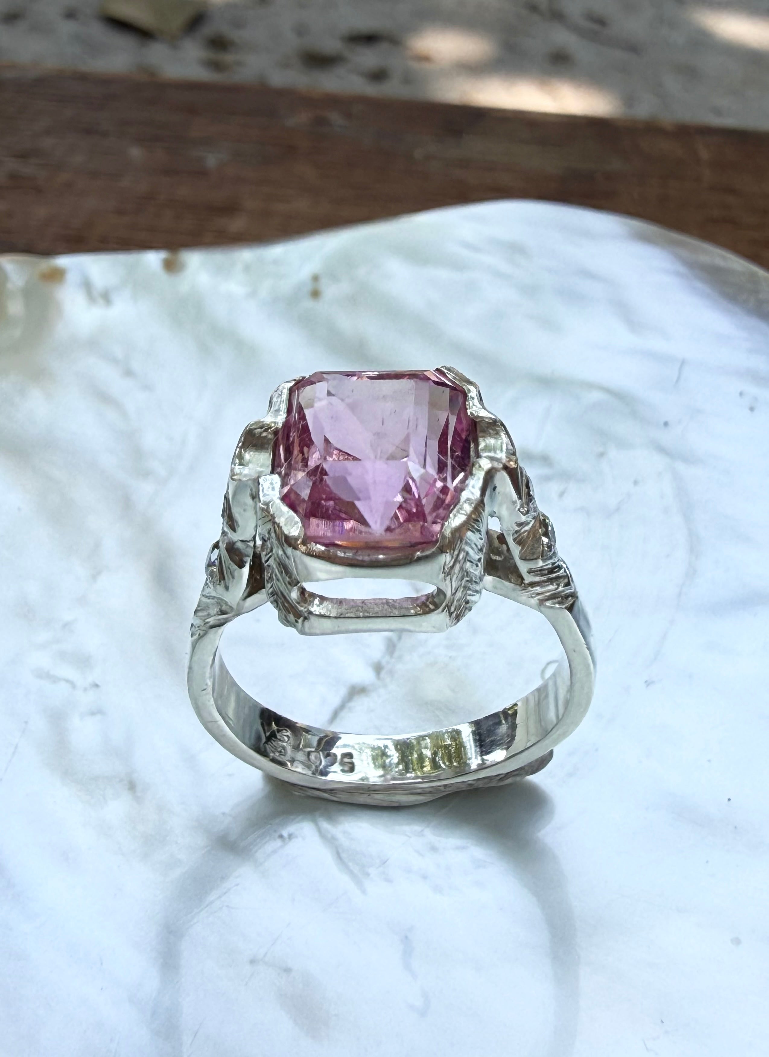 Handmade Antique Inspired Bubblegum Pink Tourmaline Ring in Sterling Silver with Lab Diamonds, size 7.5