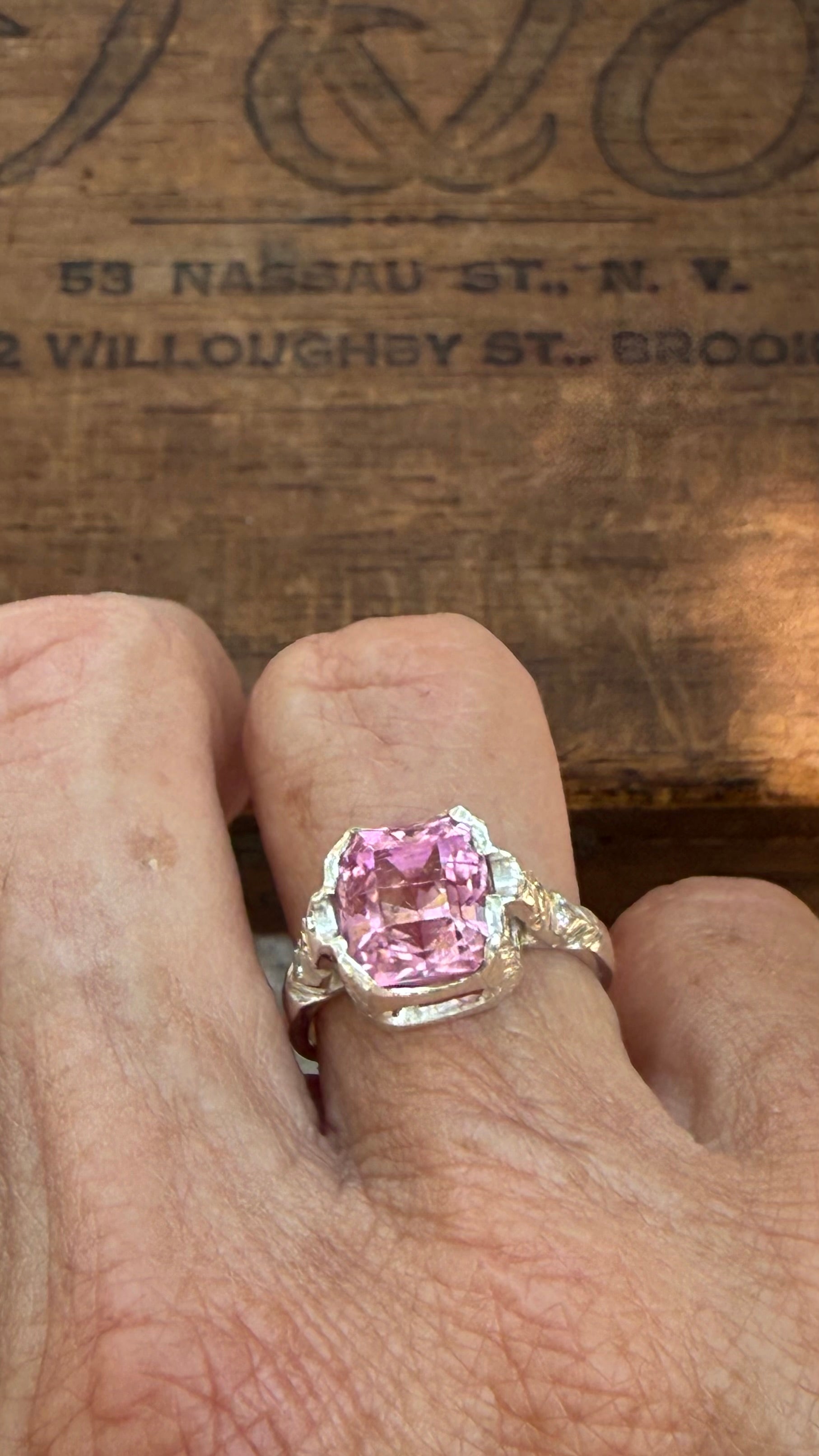Handmade Antique Inspired Bubblegum Pink Tourmaline Ring in Sterling Silver with Lab Diamonds, size 7.5