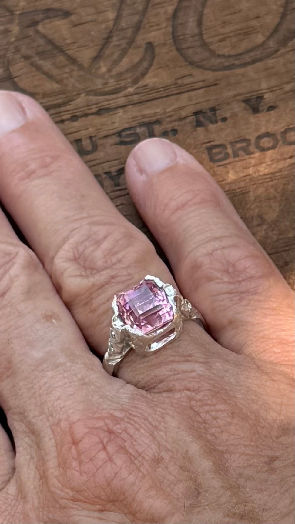 Handmade Antique Inspired Bubblegum Pink Tourmaline Ring in Sterling Silver with Lab Diamonds, size 7.5