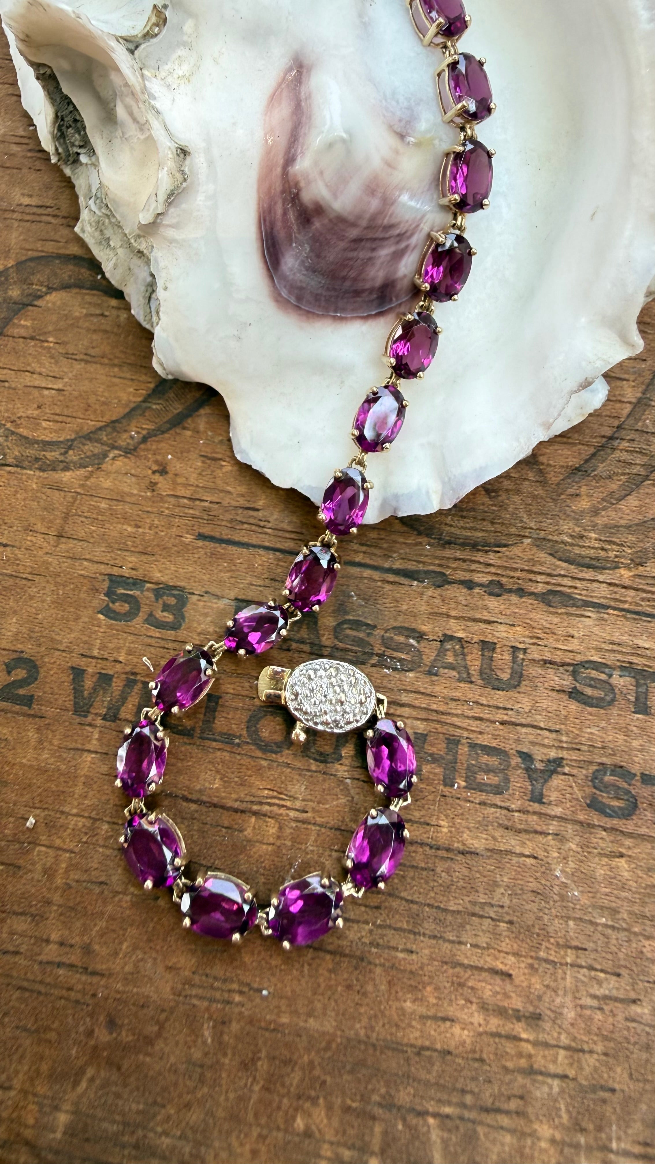 Vintage Oval Amethyst And Diamond Tennis Bracelet in 9K Gold, from England. Size 7
