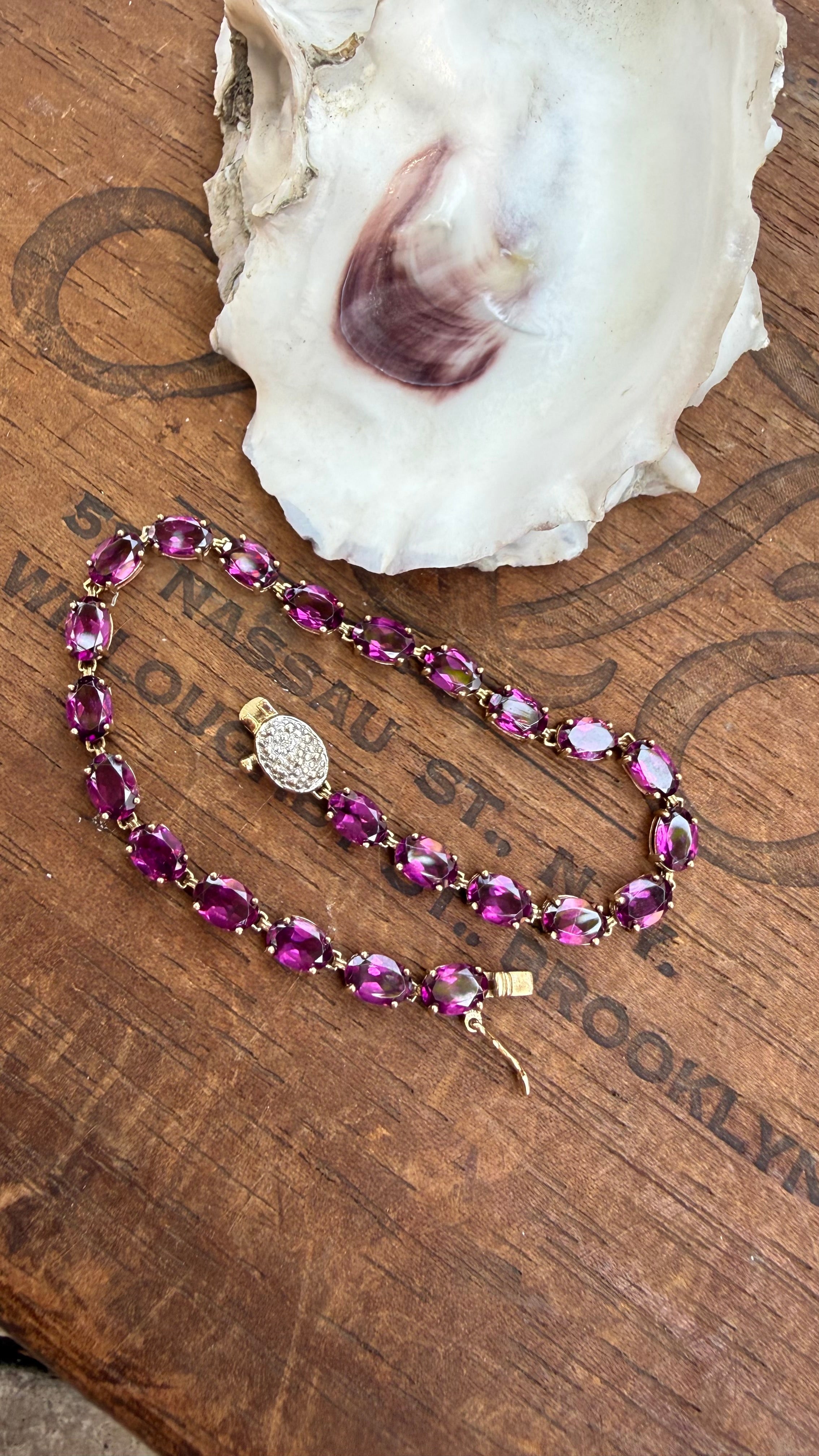 Vintage Oval Amethyst And Diamond Tennis Bracelet in 9K Gold, from England. Size 7