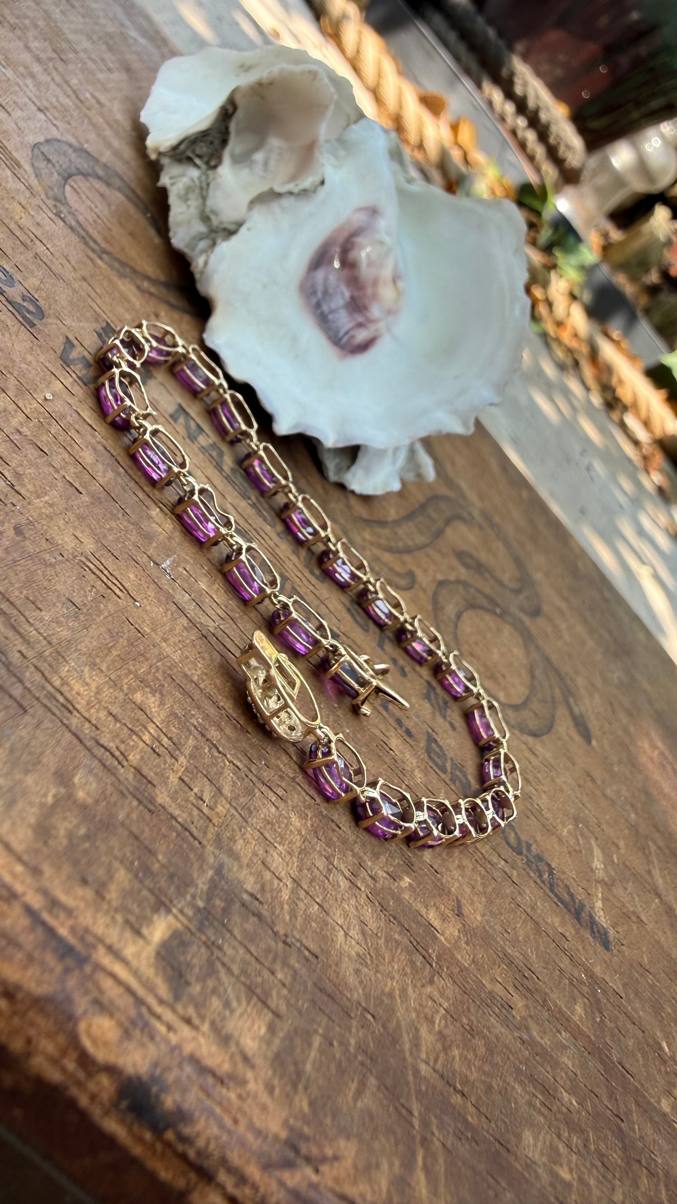 Vintage Oval Amethyst And Diamond Tennis Bracelet in 9K Gold, from England. Size 7