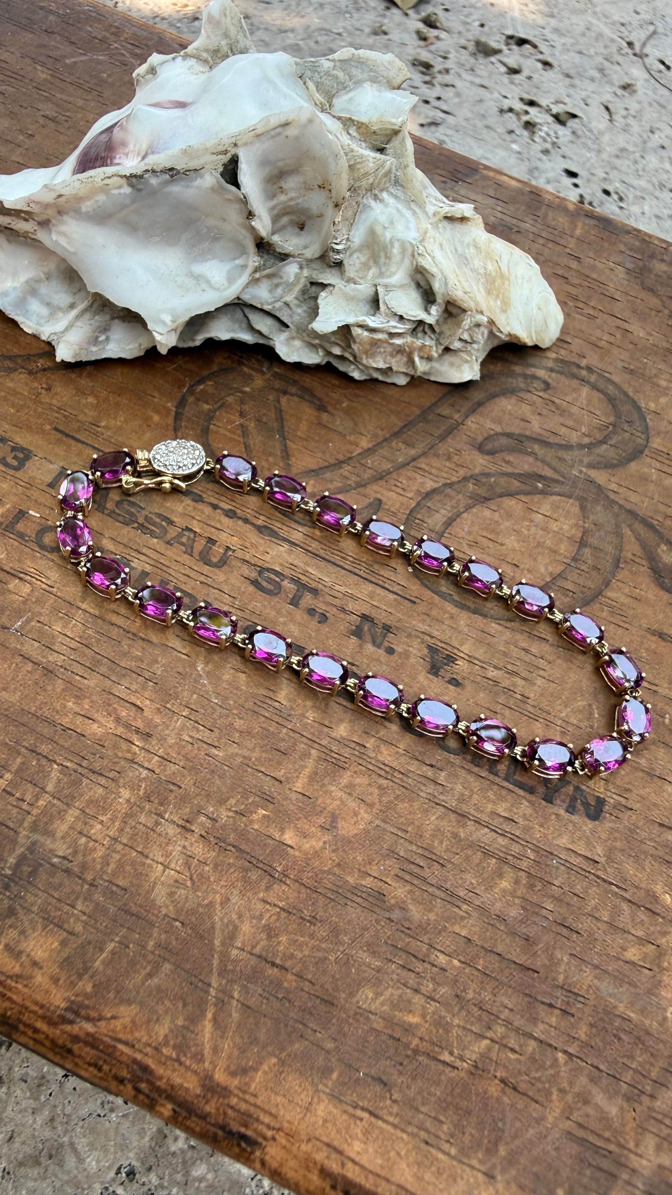 Vintage Oval Amethyst And Diamond Tennis Bracelet in 9K Gold, from England. Size 7
