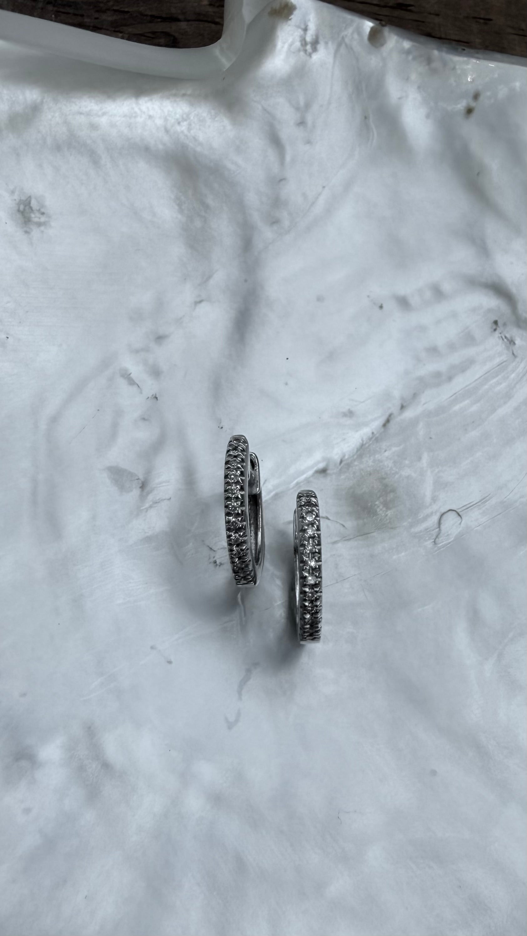Vintage Natural Pave Diamond Huggies in 14k White Gold, Stackable or Stand Alone