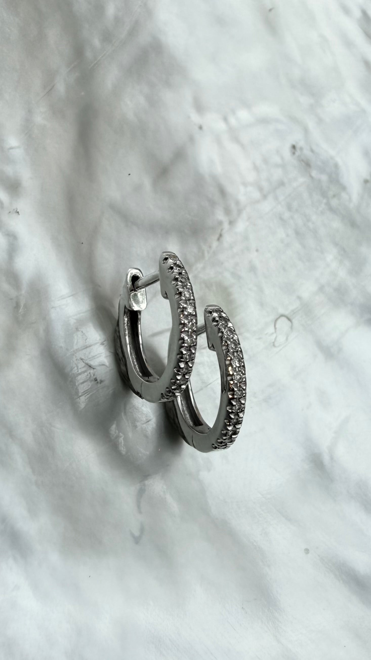 Vintage Natural Pave Diamond Huggies in 14k White Gold, Stackable or Stand Alone