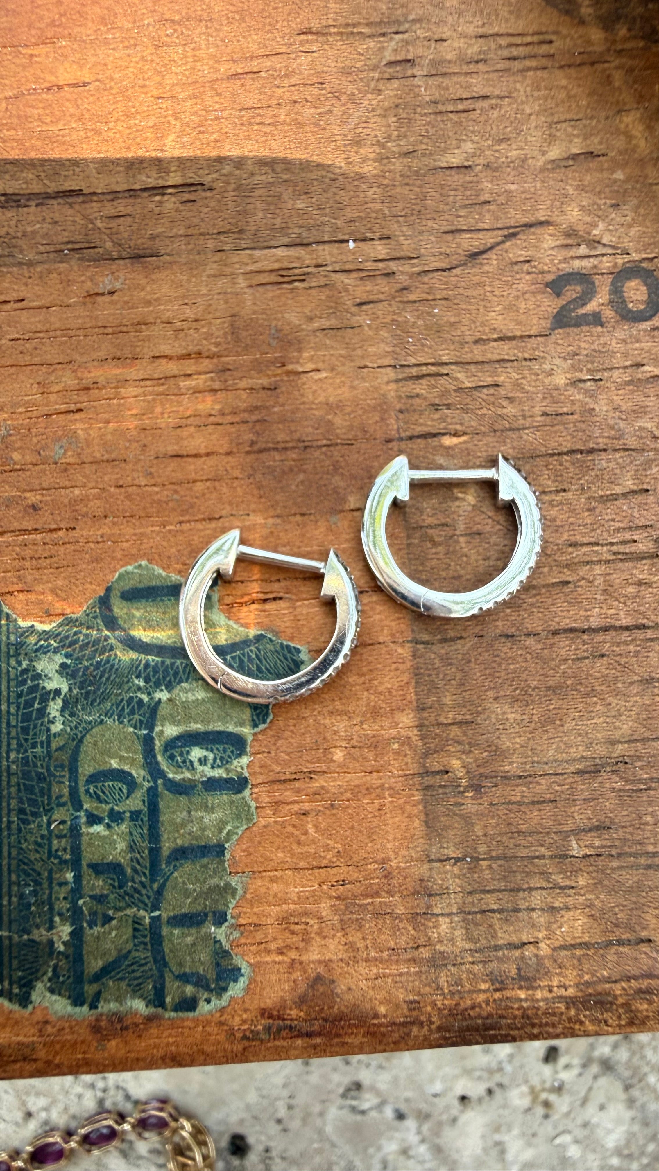 Vintage Natural Pave Diamond Huggies in 14k White Gold, Stackable or Stand Alone