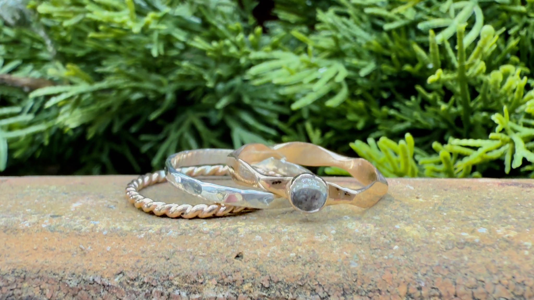 Short Stack! Set of 3 Stackables in Mixed Metal with a Gemstone Cabochon