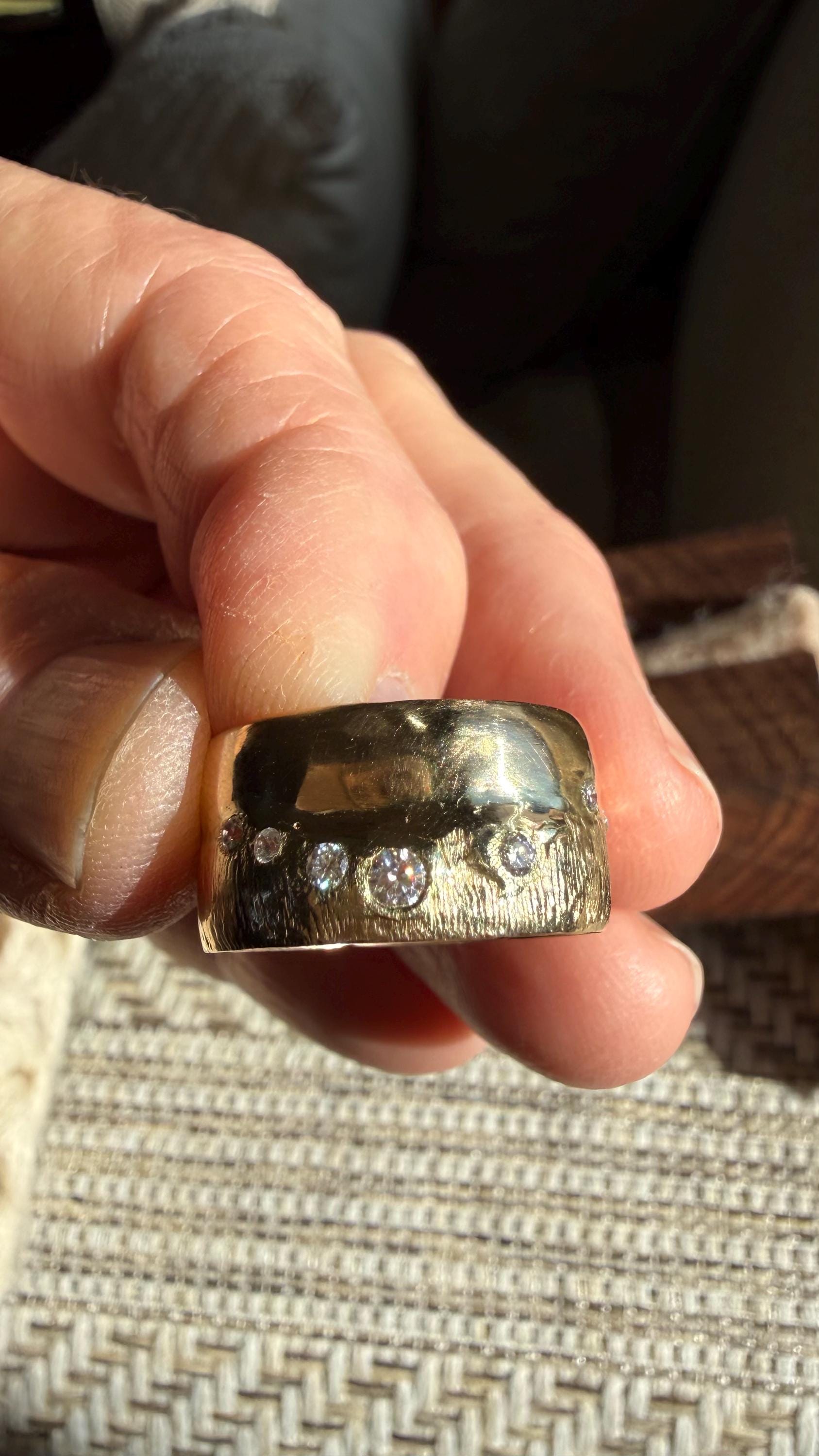 Super Wide Vintage 14Kt Gold Band with Moissanite Diamonds, size 7.5