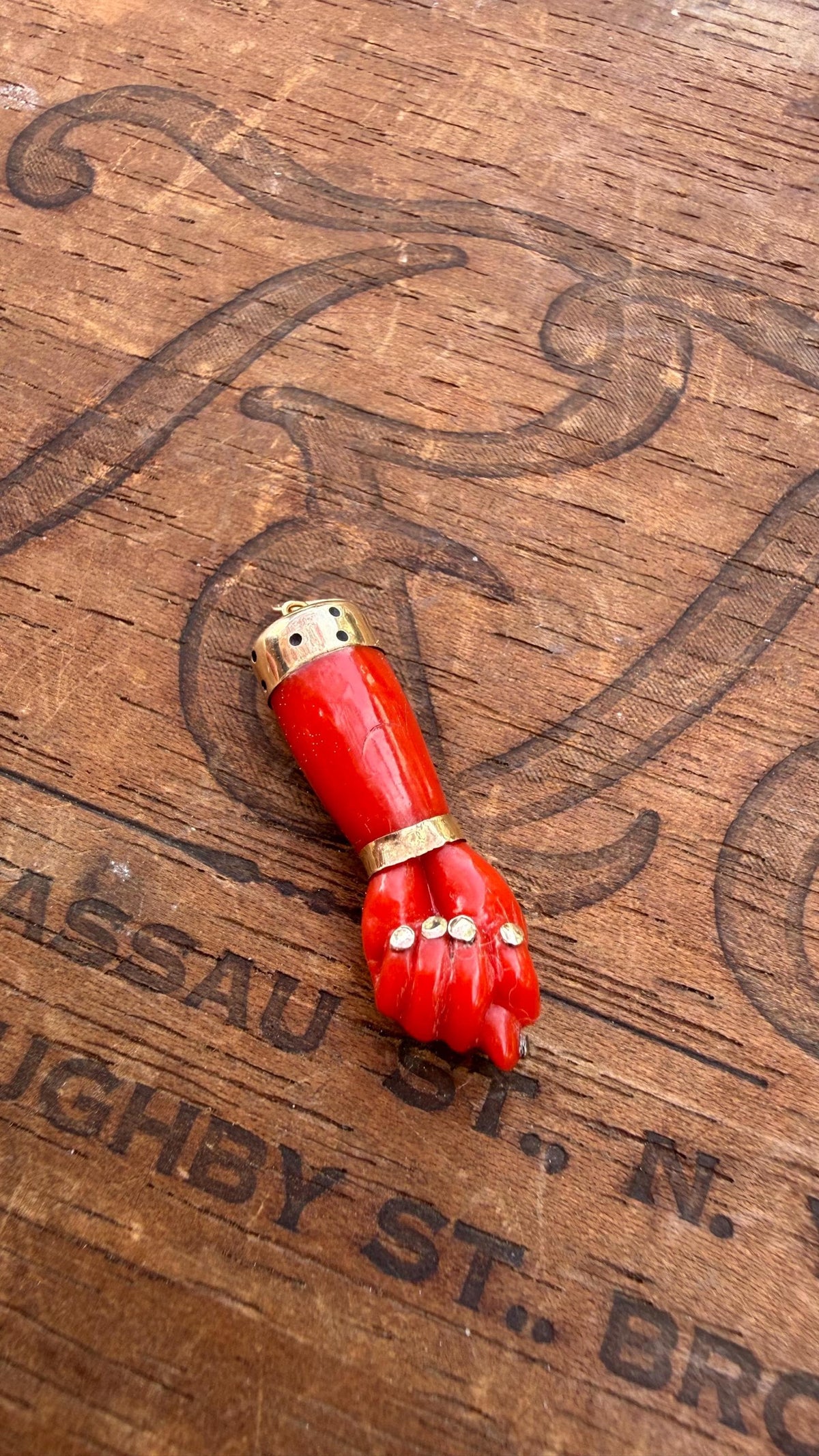 Antique Italian Coral Figa Charm with 14k Gold Amulet Pendant