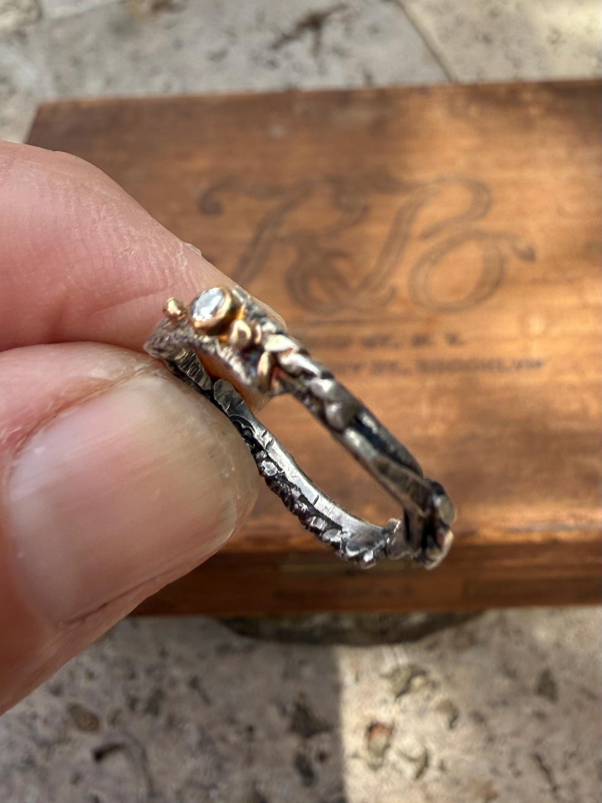 Fused Sterling Silver & Recycled 14K Gold with  a 2mm Moissanite Diamond.