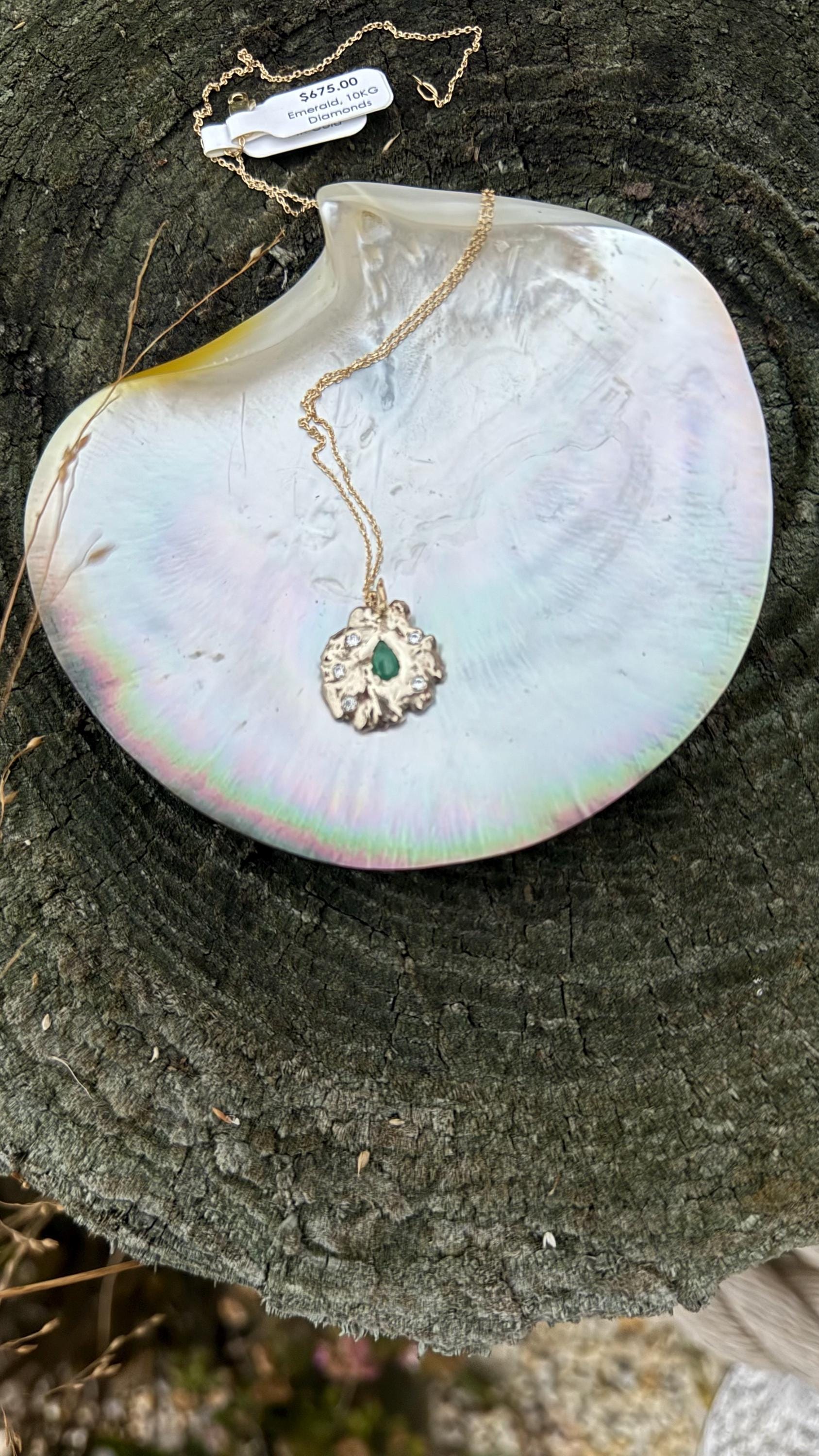 Vintage 14k Gold Emerald Pendant Necklace: Organic Moissanite Diamonds