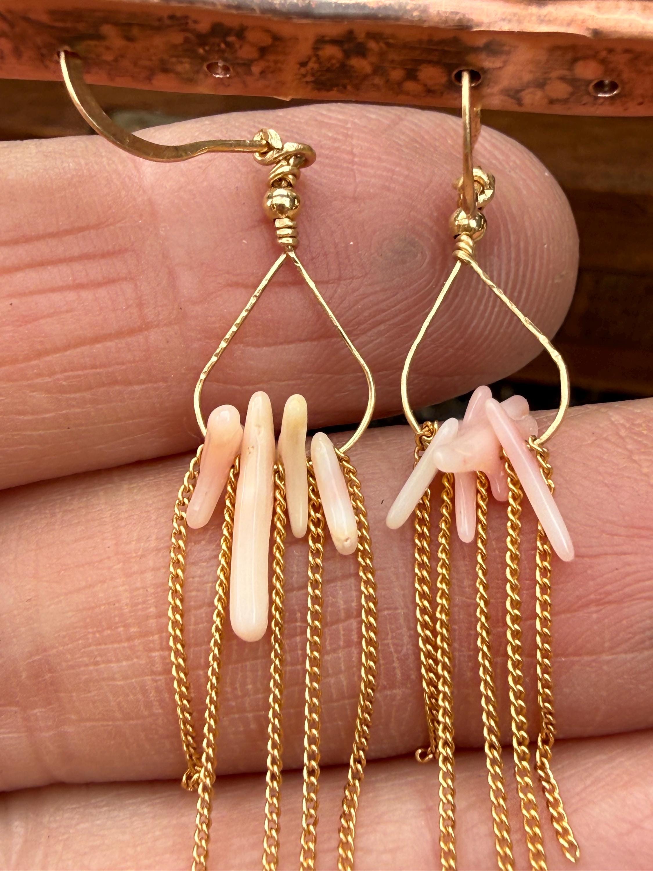Angel Skin Coral & Chain Long Fringe Dangle Earrings in 14kgf, Handmade