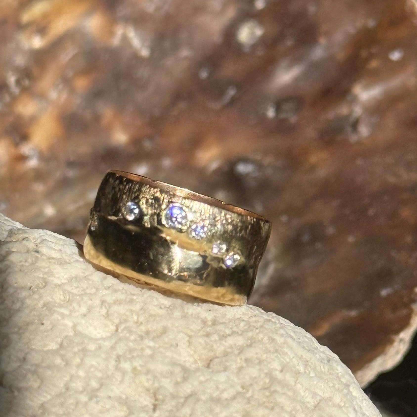 Super Wide Vintage 14Kt Gold Band with Moissanite Diamonds, size 7.5
