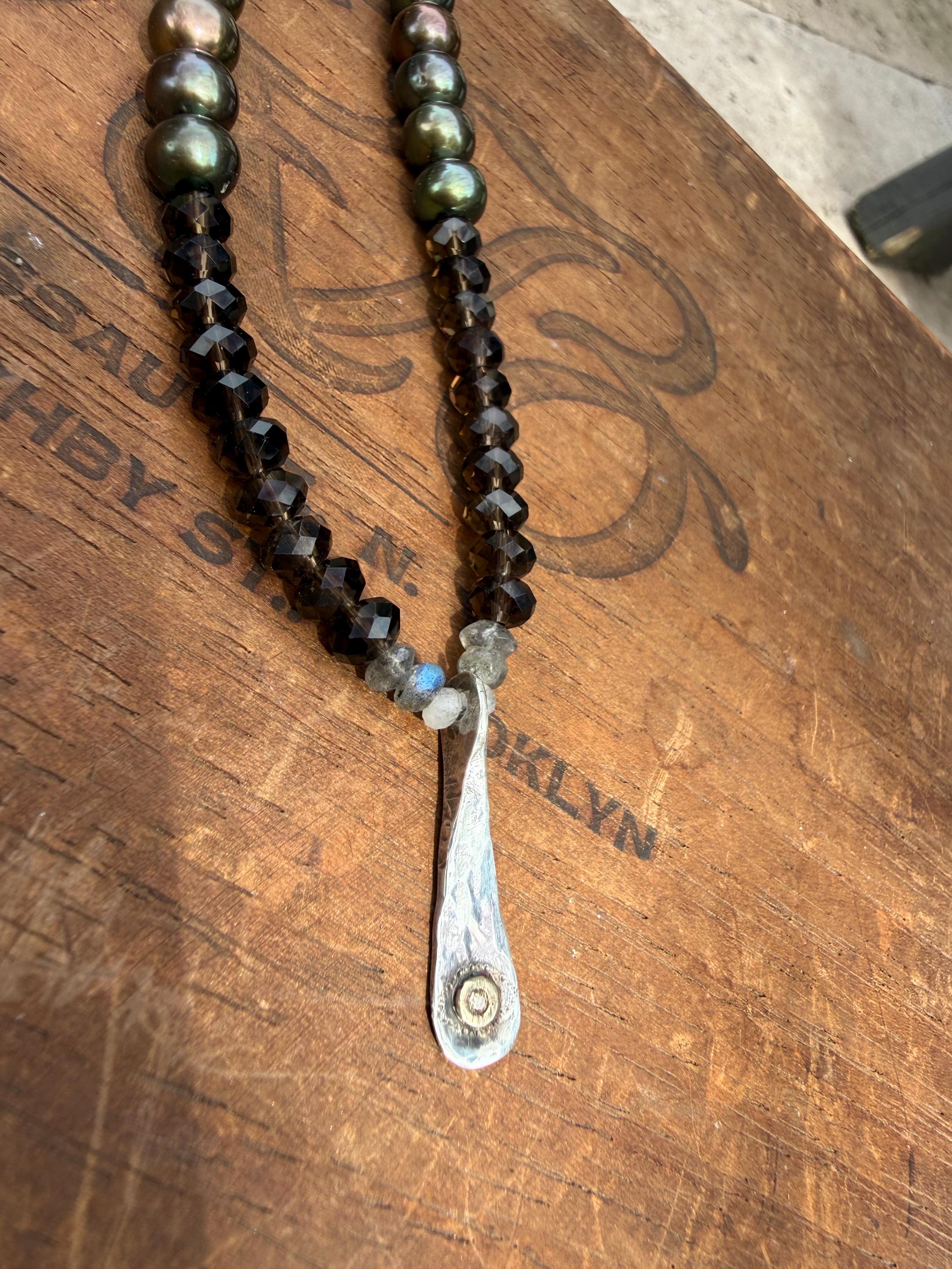 Evil Eye Sterling Silver Necklace: Smoky Quartz, Labradorite, Pearl, and Natural Champagne Diamond