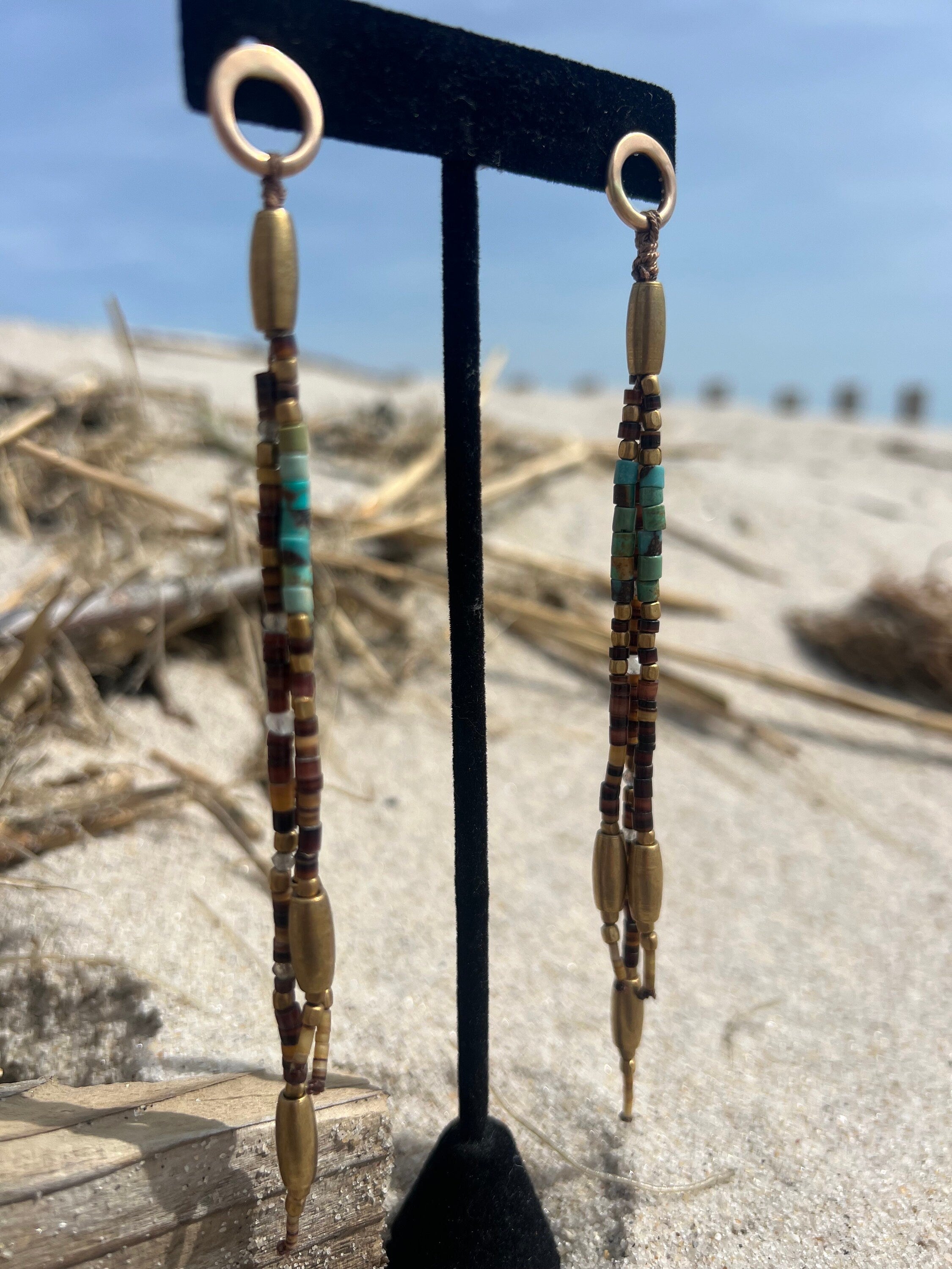Gypsy Earrings with Shell, Labradorite, Turquoise, Moonstone, & Brass beads and 14kgf with SS Posts.