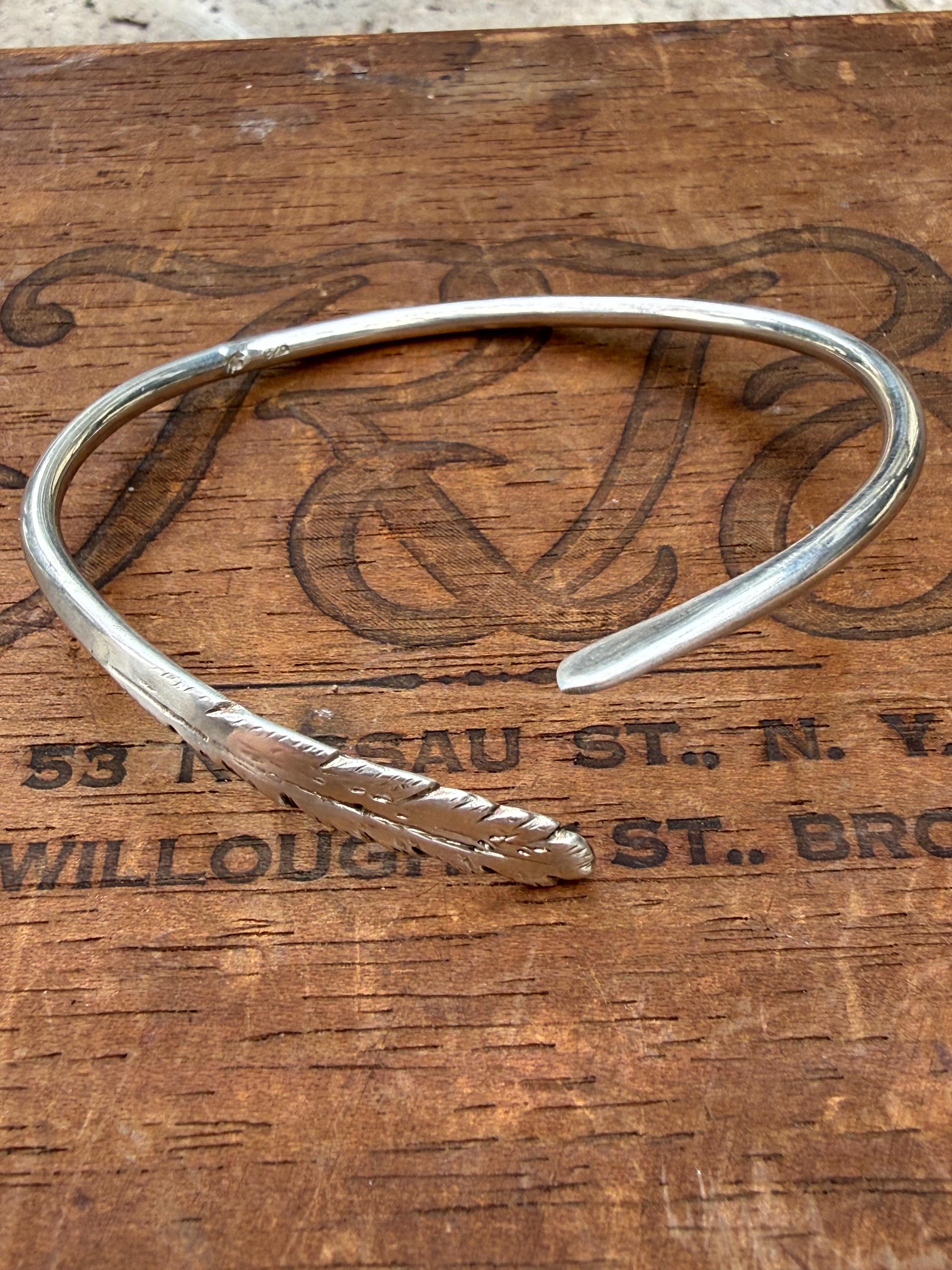 Hand Formed Feather Cuff Bangle Bracelet in Sterling Silver, adjustable