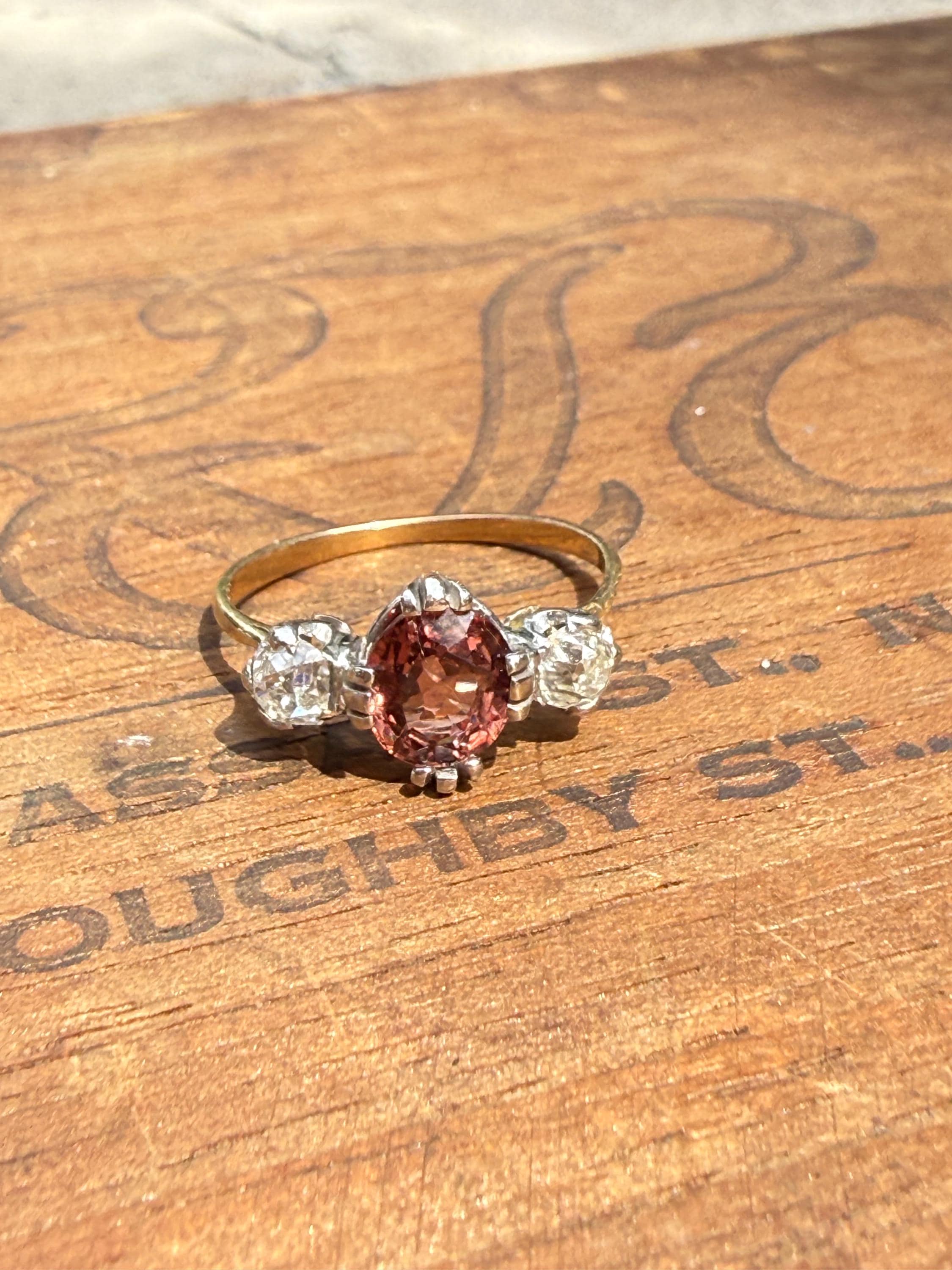 Gorgeous Victorian Trilogy Ring in 18Ct Yellow and White Gold, featuring a 1 carat Spinel, and (2) 22.5 pt Old European cut Natural Diamonds