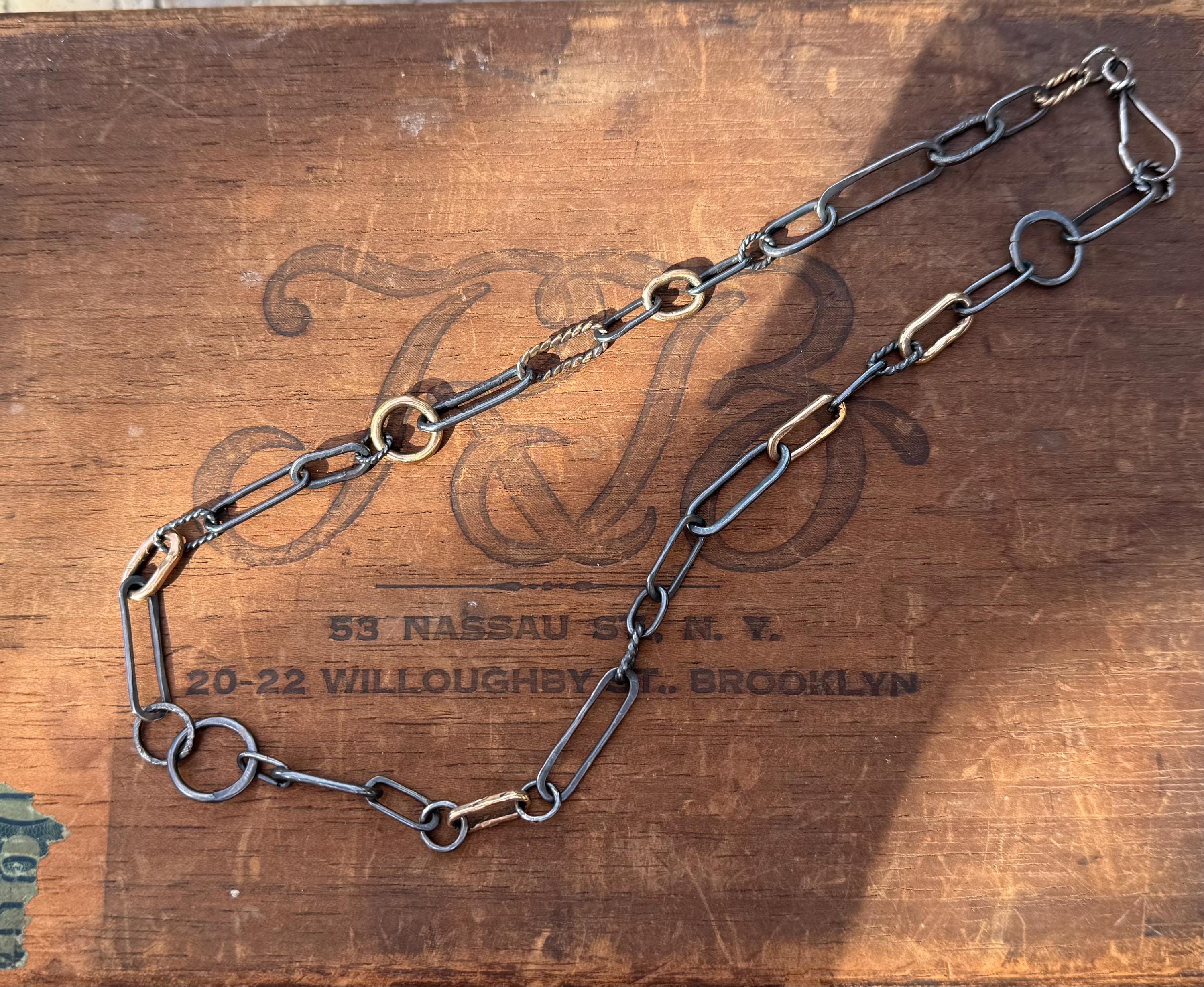 Hand-Formed Blackened Sterling Silver & 14k Gold Filled Oval and Circular Links, 18”