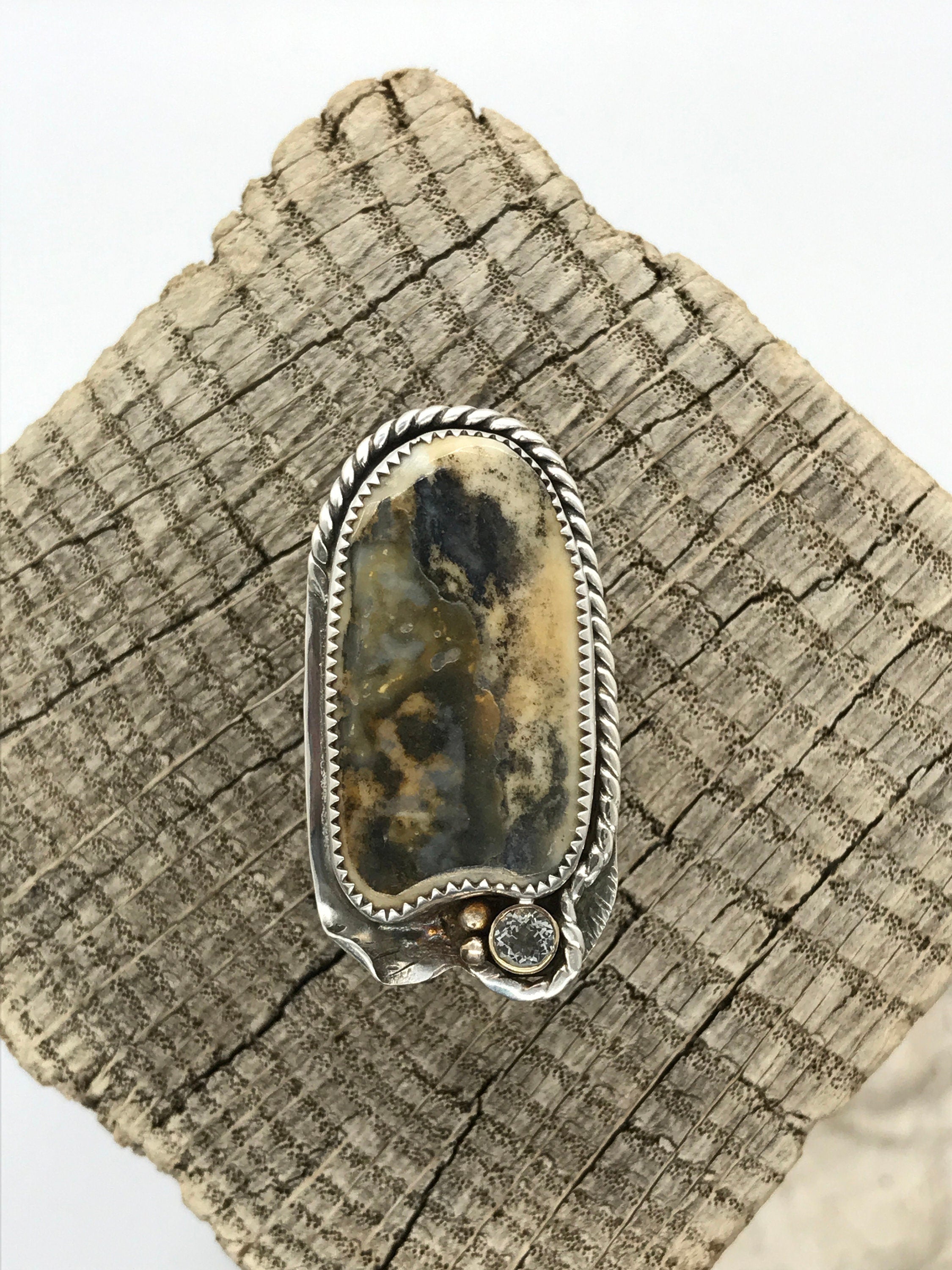 CLAM SHELL Ring Paired with a 5mm White Topaz, Handmade in Sterling and Fine Silver & 14KGF Accents