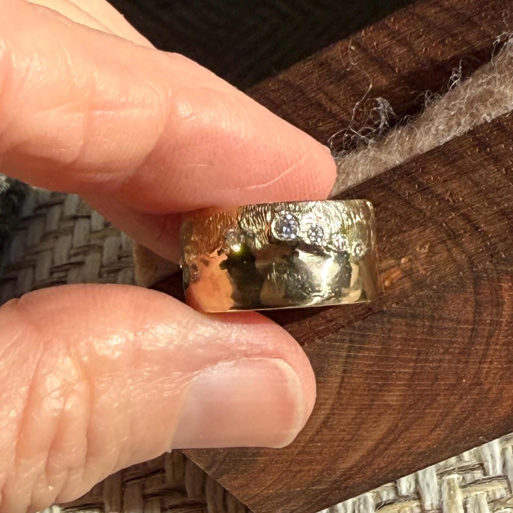 Super Wide Vintage 14Kt Gold Band with Moissanite Diamonds, size 7.5