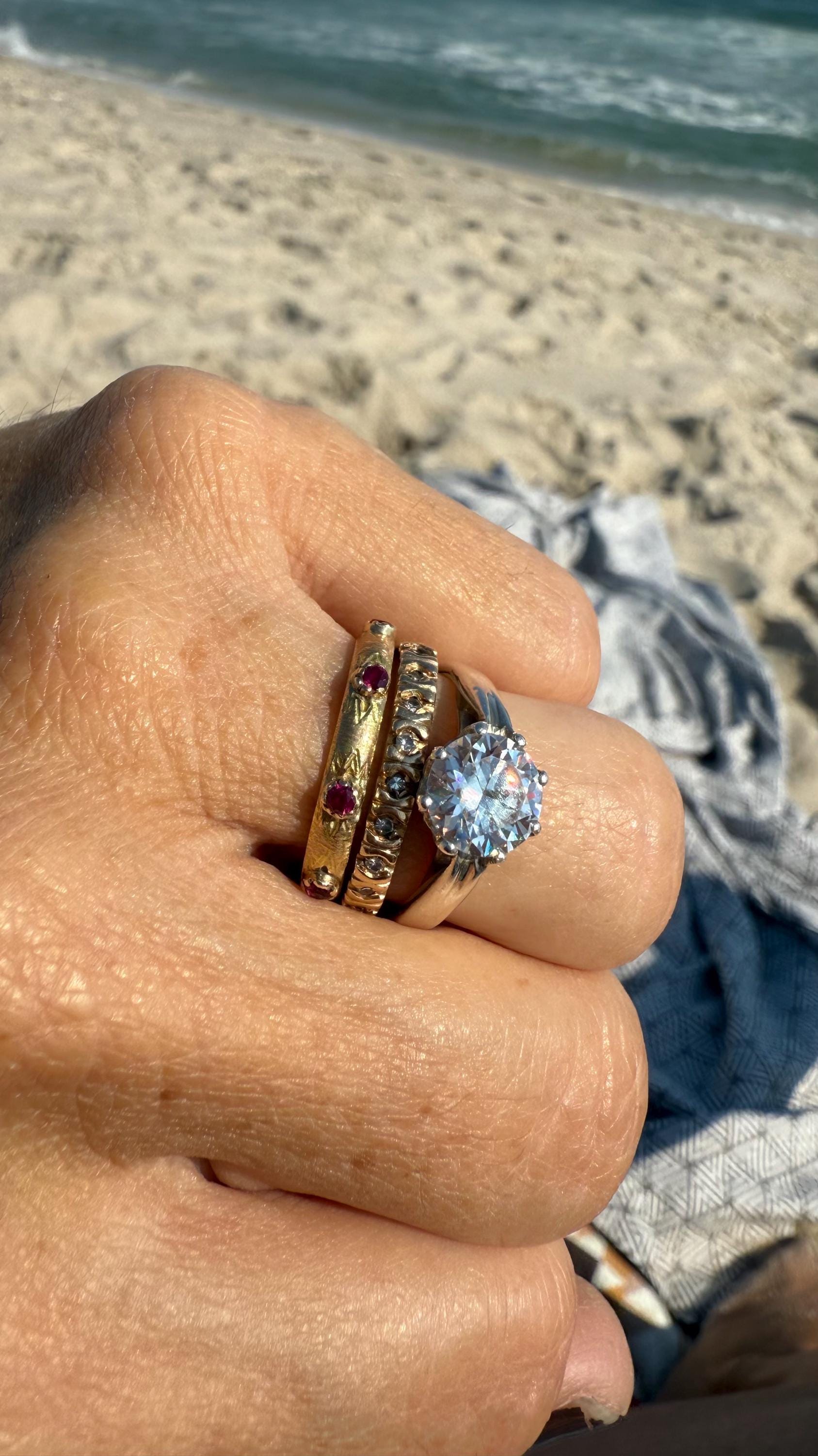 Recycled Vintage 14k Gold Band with Ruby’s and Hand Engraved Detail; size 7-3/4.