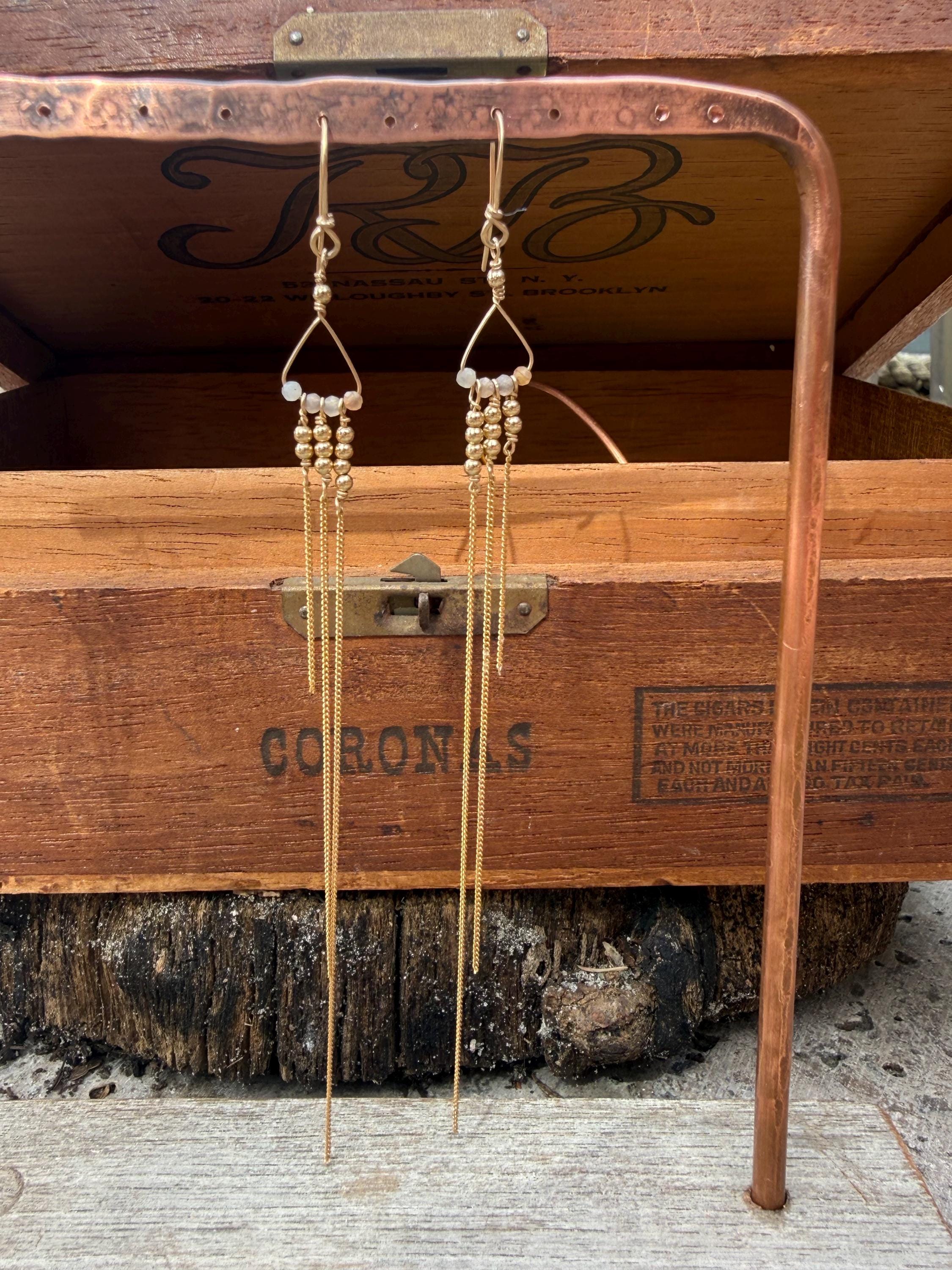 Peach Moonstone & Chain Extra Long Fringe Dangle Earrings in 14kgf, Handmade