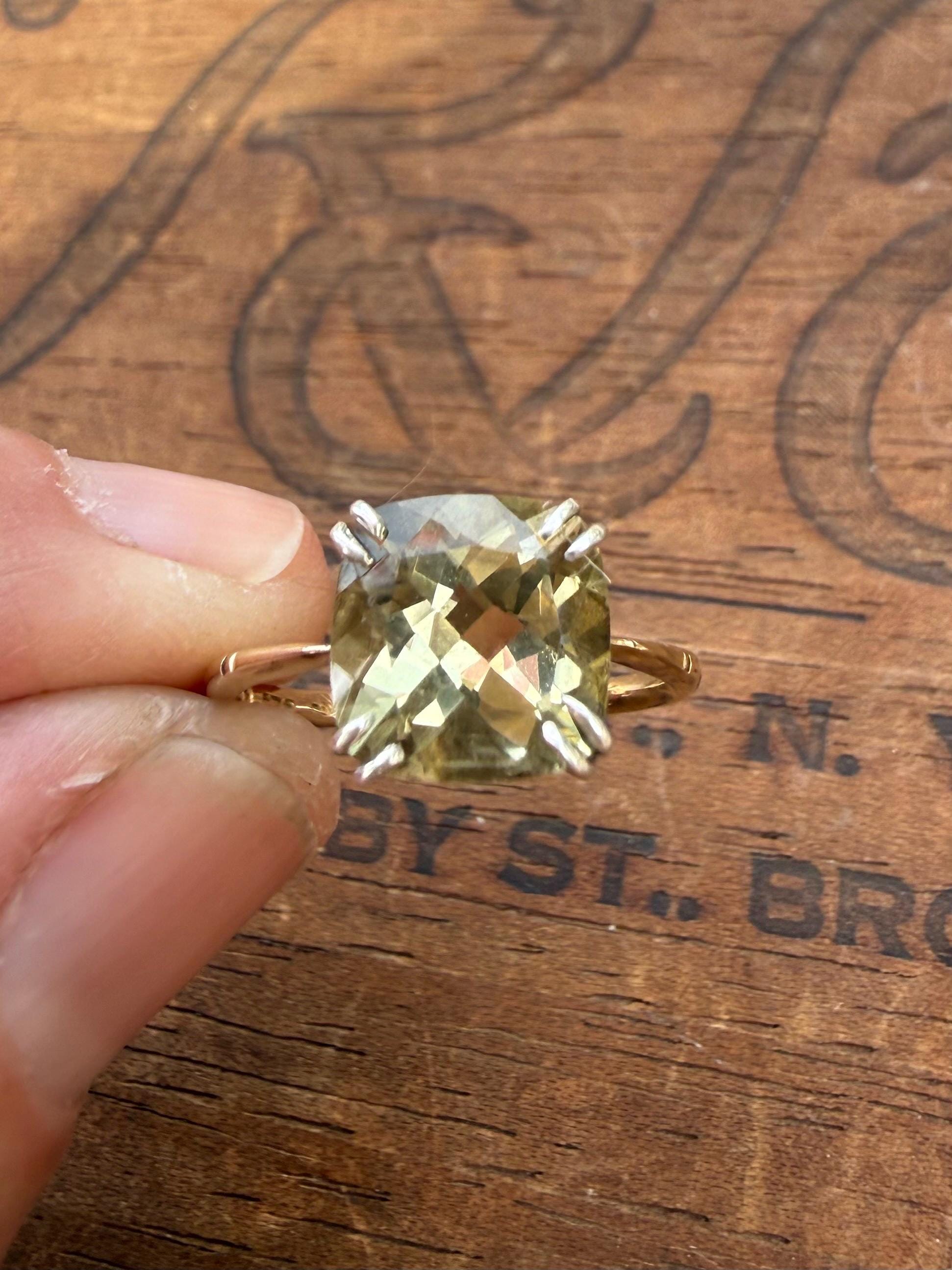 Handmade 2.3 Carats of Lemon Quartz Estate Stone and Vintage 14k Gold Band & Sterling Silver, Size 6.5