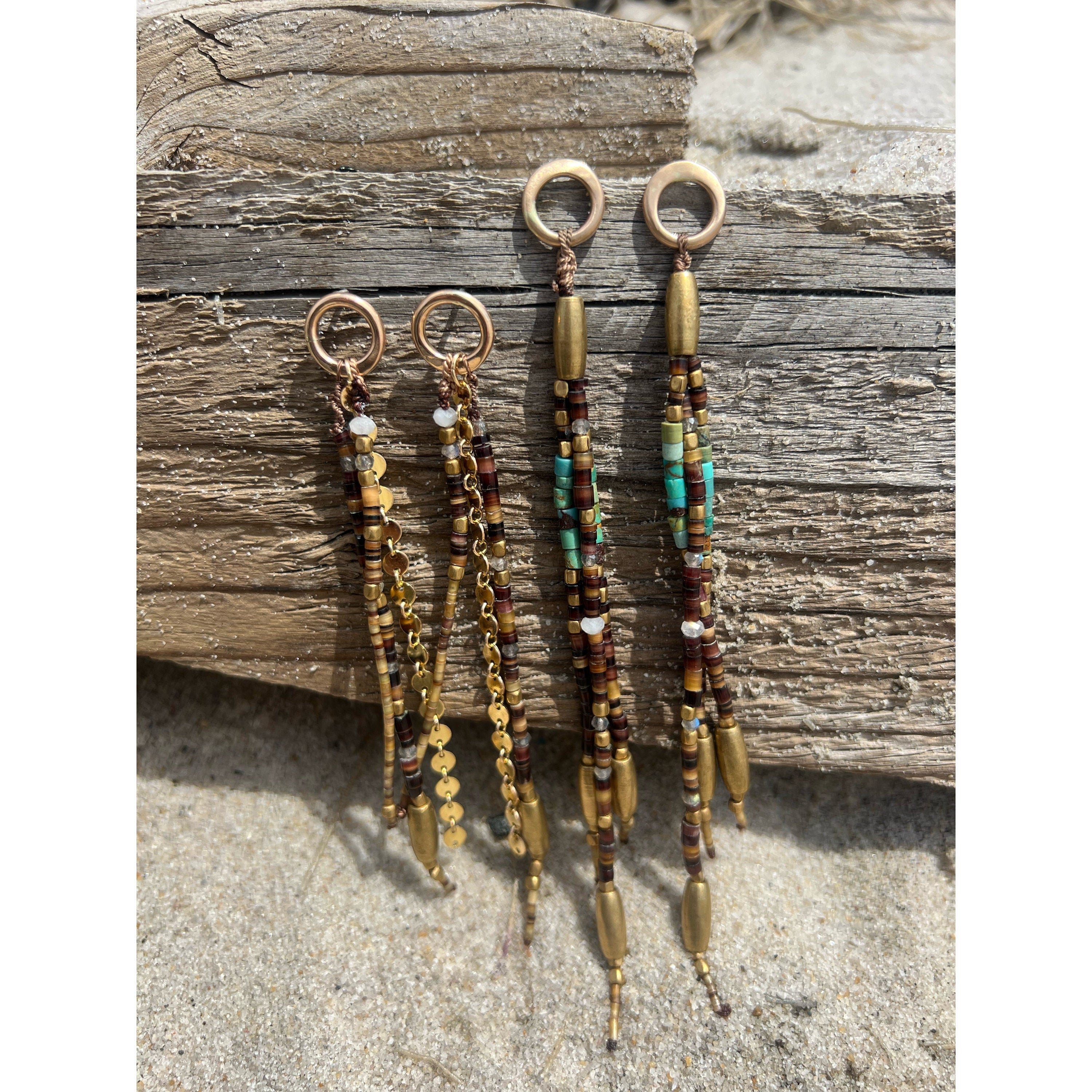 Gypsy Earrings with Shell, Labradorite, Turquoise, Moonstone, & Brass beads and 14kgf with SS Posts.