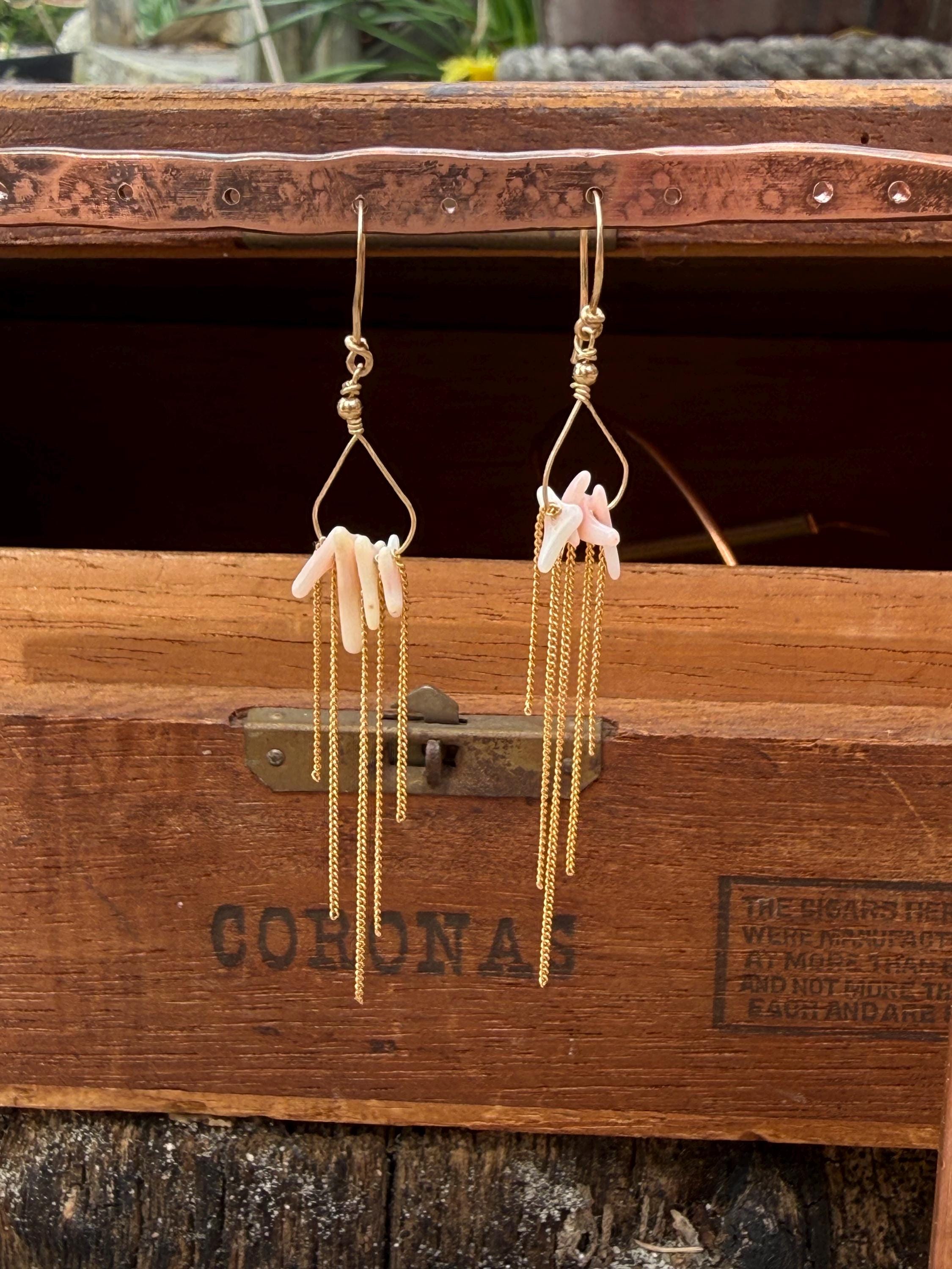 Angel Skin Coral & Chain Long Fringe Dangle Earrings in 14kgf, Handmade