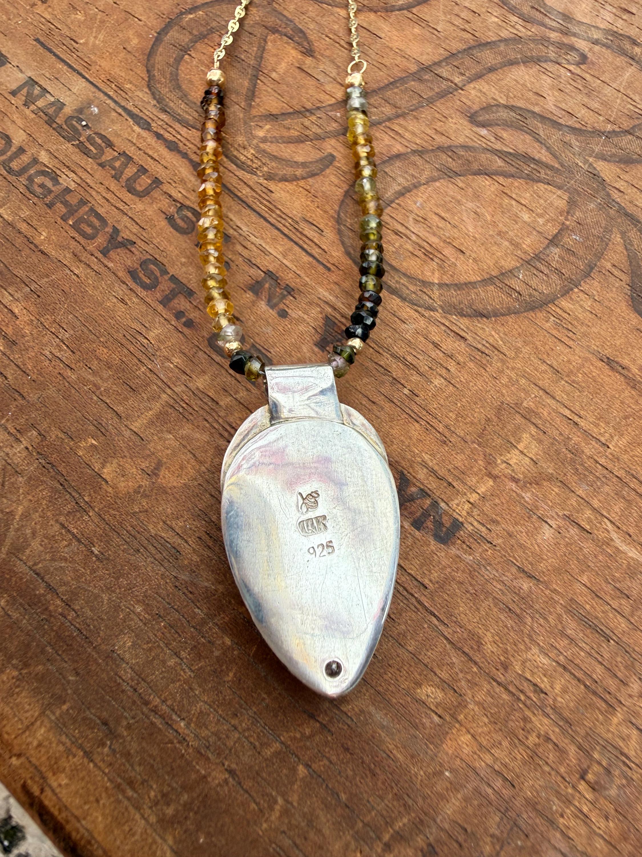 Druzy Diamond Pendant: 14K Gold & Sterling Silver, Tourmaline Bead Necklace