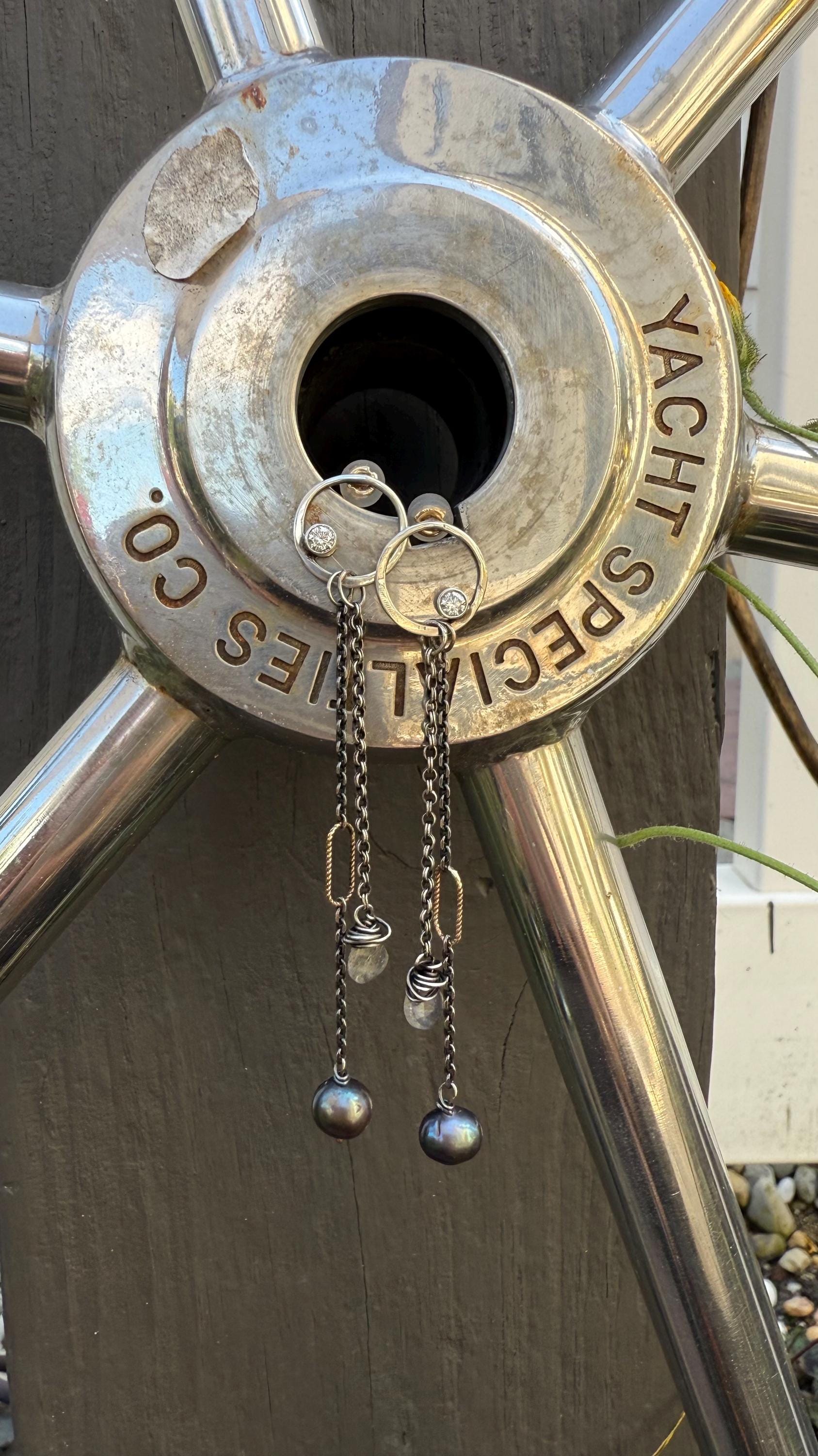 Hand-Forged Sterling Silver Earrings: Diamond, Black Pearl & Labradorite