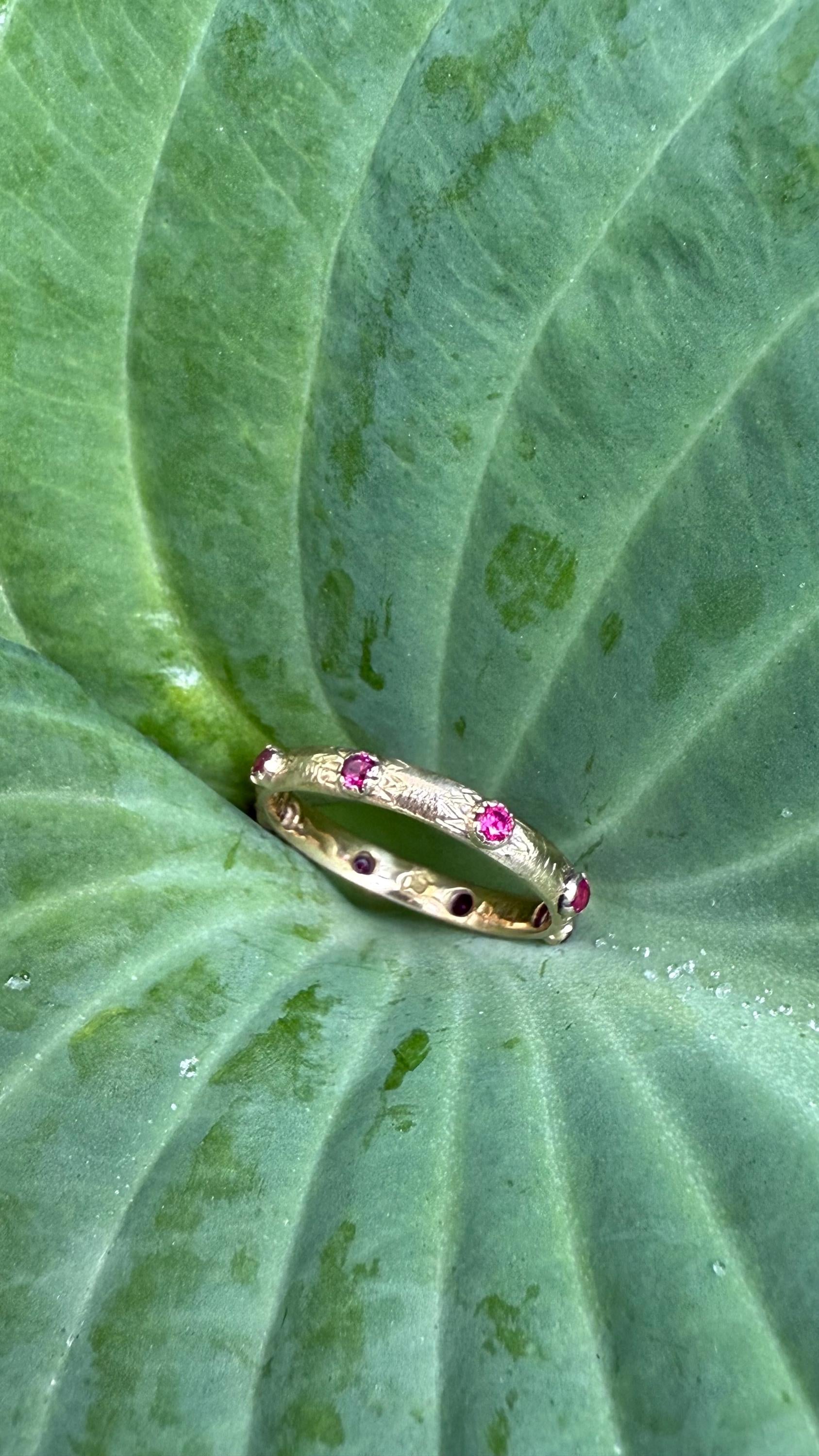 Recycled Vintage 14k Gold Band with Ruby’s and Hand Engraved Detail; size 7-3/4.