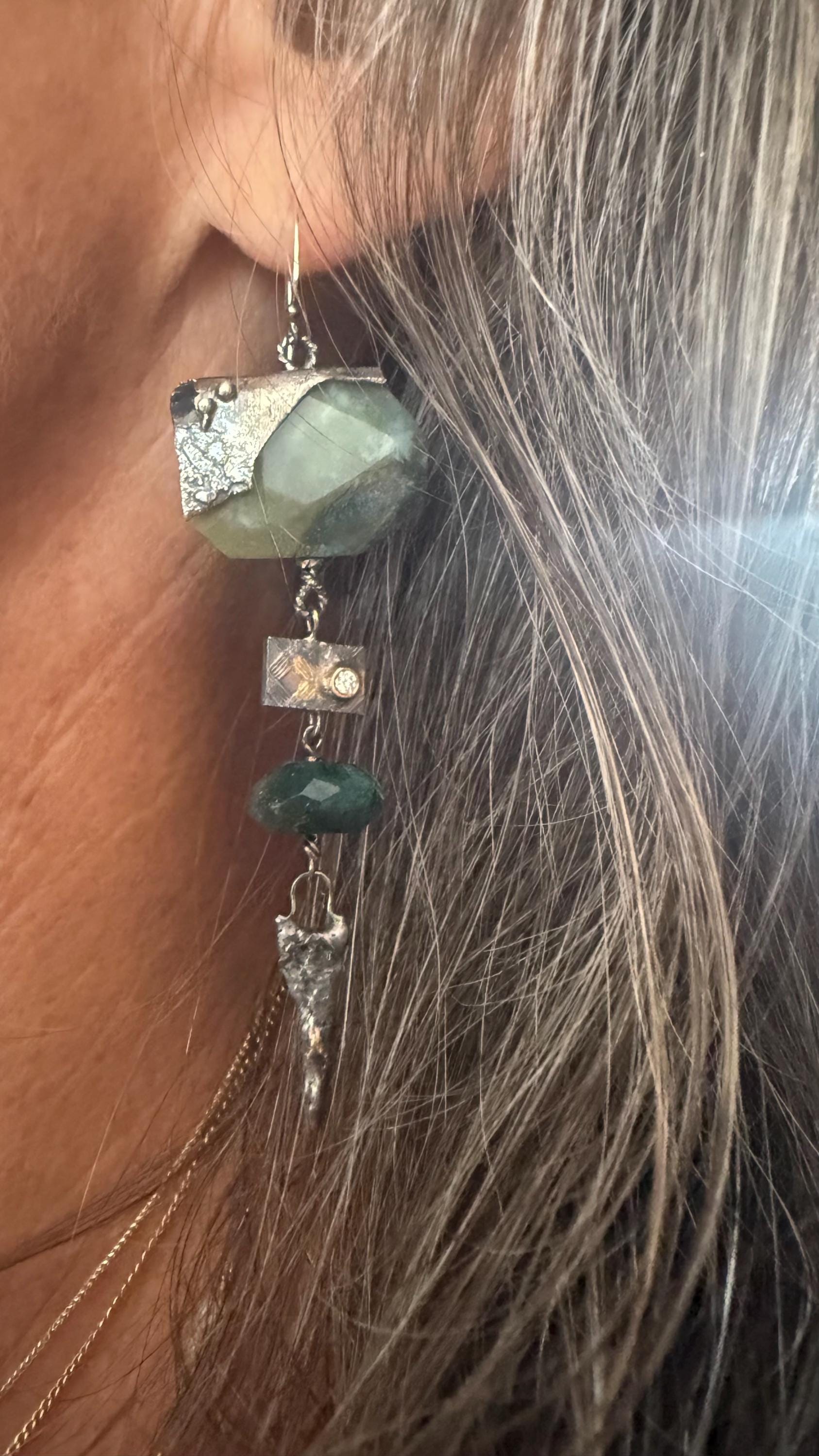 Gypsy Dangle Earrings with Moss Agate,  Emerald, Diamond, Sterling Silver, and 14Kt  Gold.