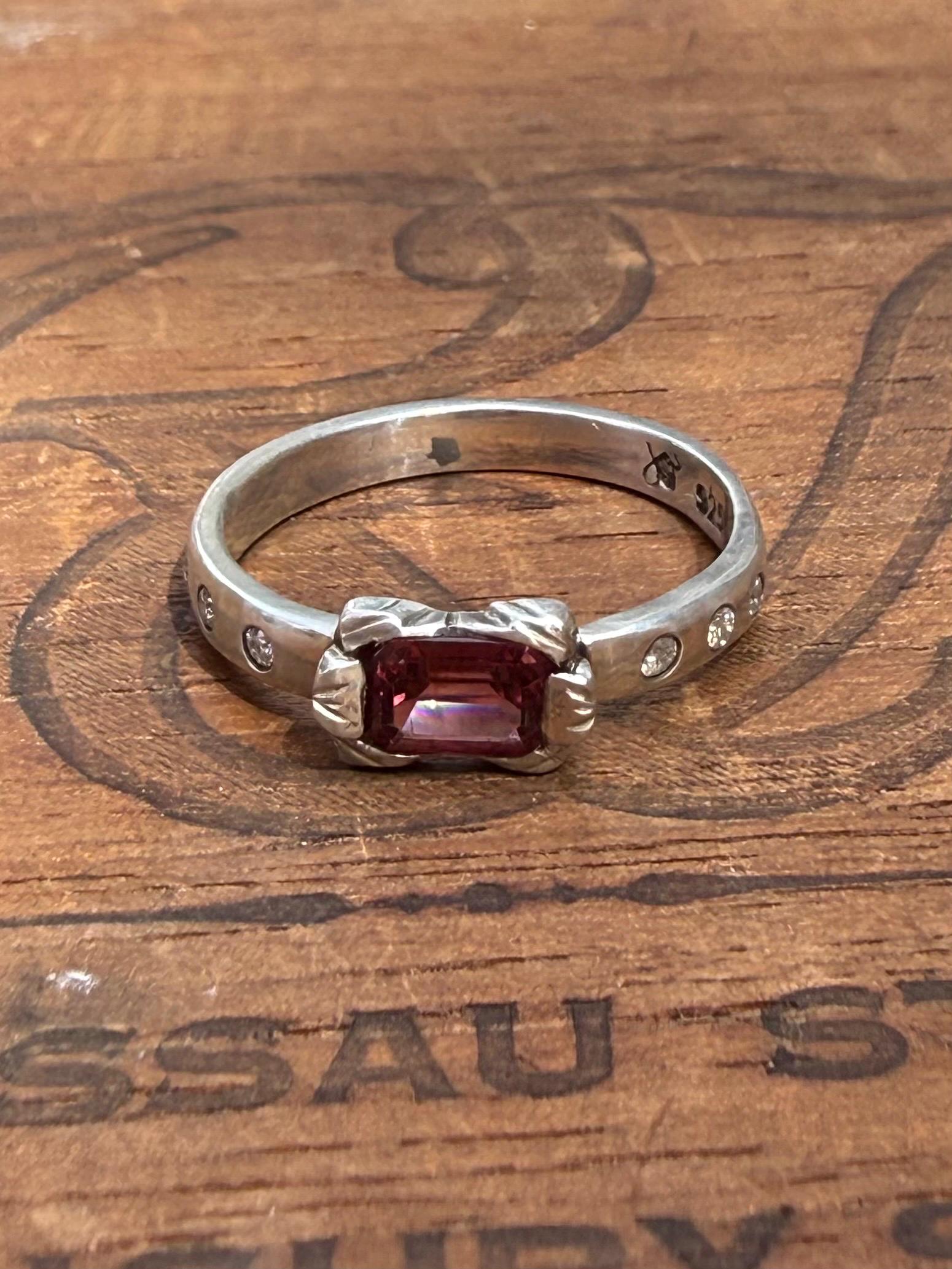 Antique Inspired Tourmaline Ring with Diamonds in Sterling Silver, size 8