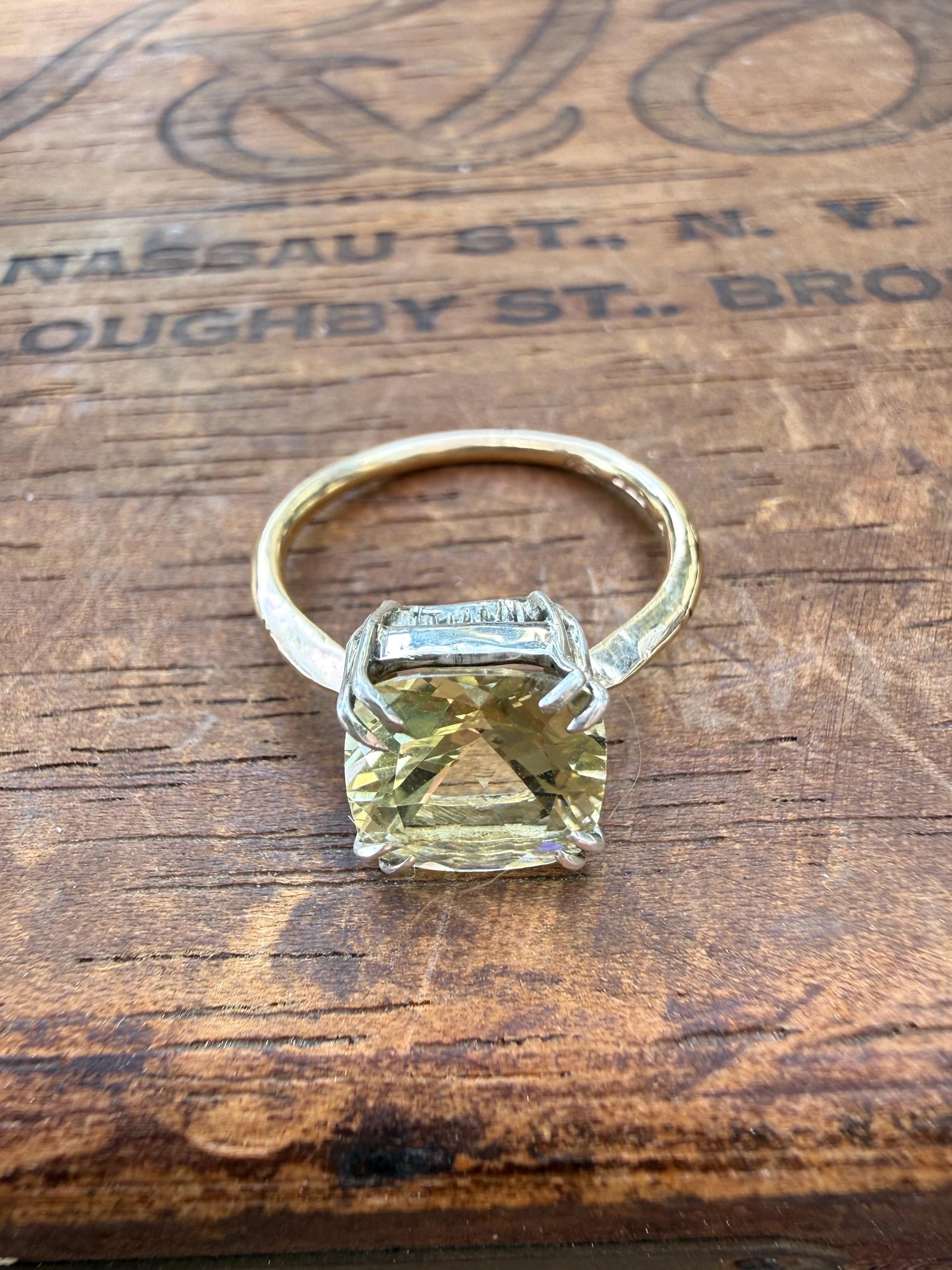 Handmade 2.3 Carats of Lemon Quartz Estate Stone and Vintage 14k Gold Band & Sterling Silver, Size 6.5