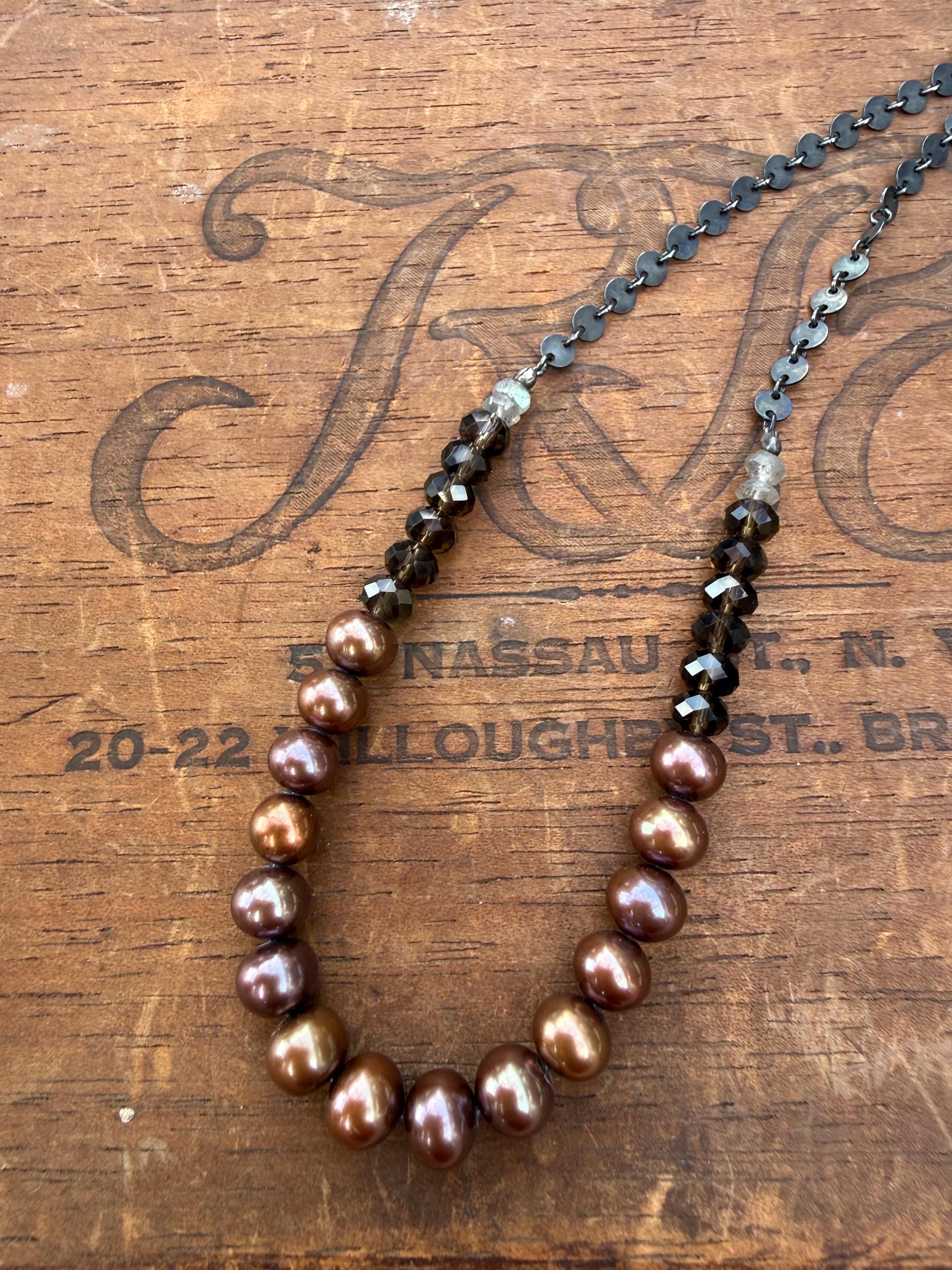 Moody Metallic Freshwater Pearl Necklace with Smoky Topaz & Labradorite, with Blackened S. Silver Chain, 20”