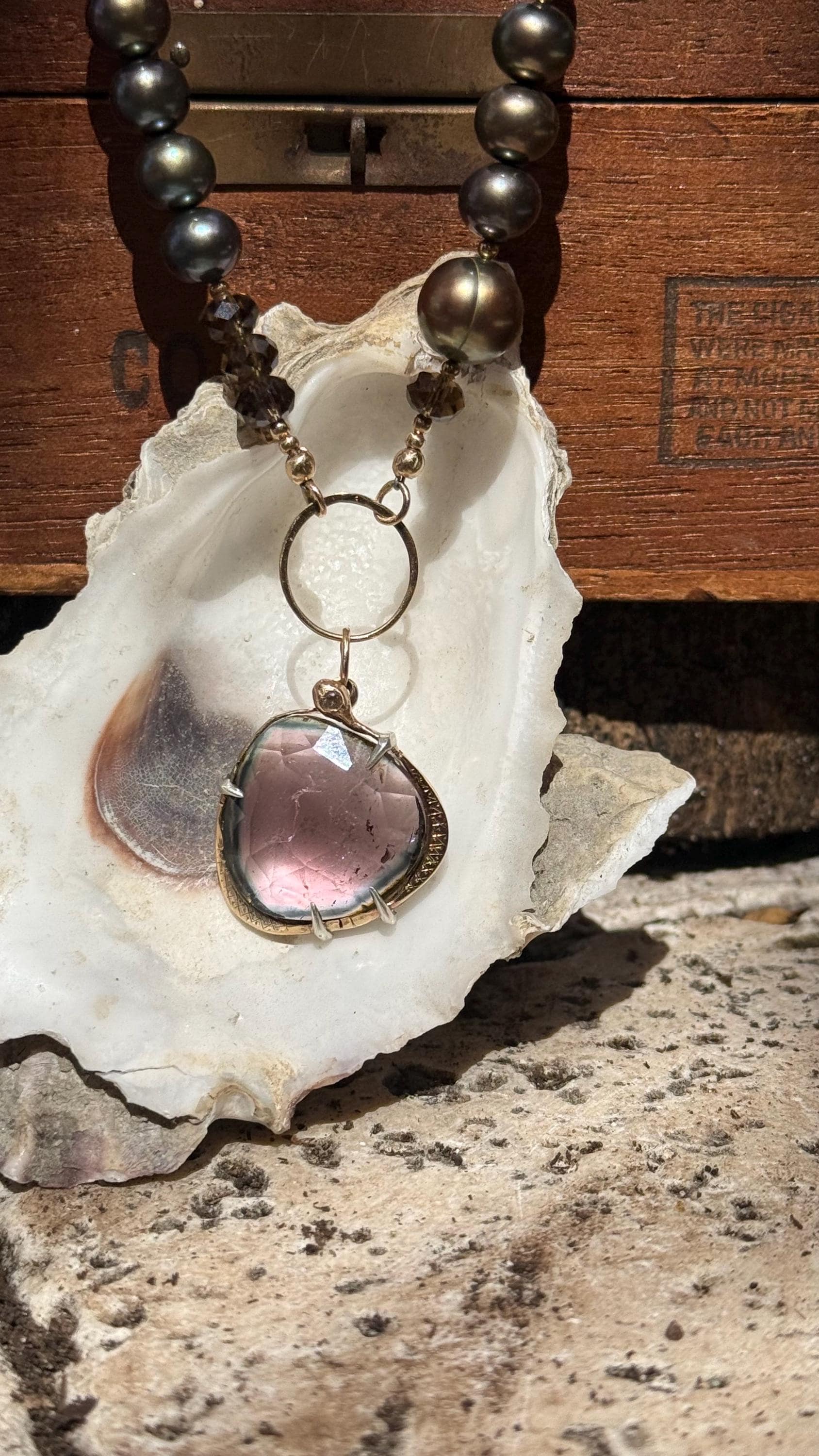 Watermelon Tourmaline Snake Necklace: 14k Gold, Diamond, Pearls, Smoky Topaz
