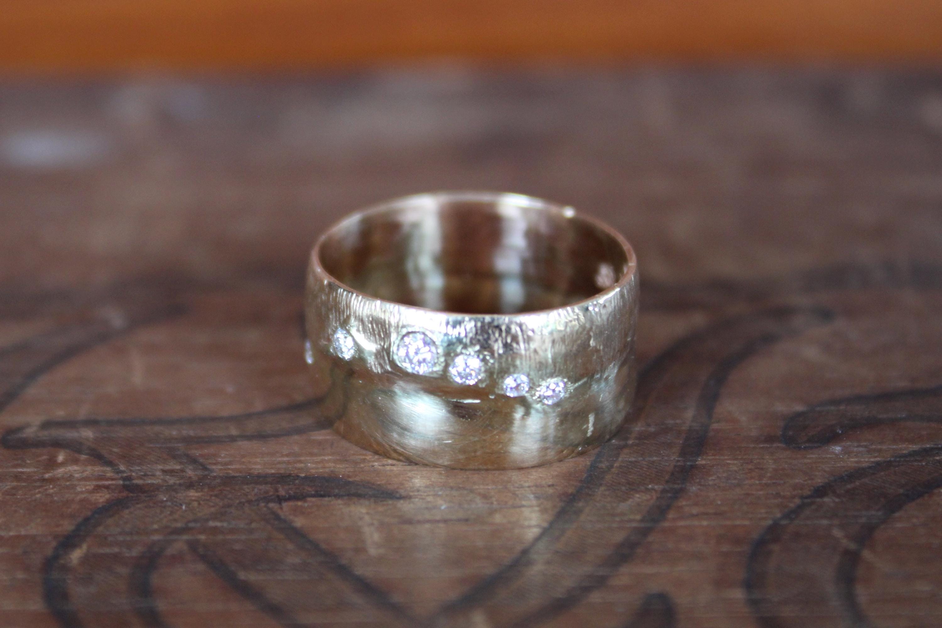 Super Wide Vintage 14Kt Gold Band with Moissanite Diamonds, size 7.5