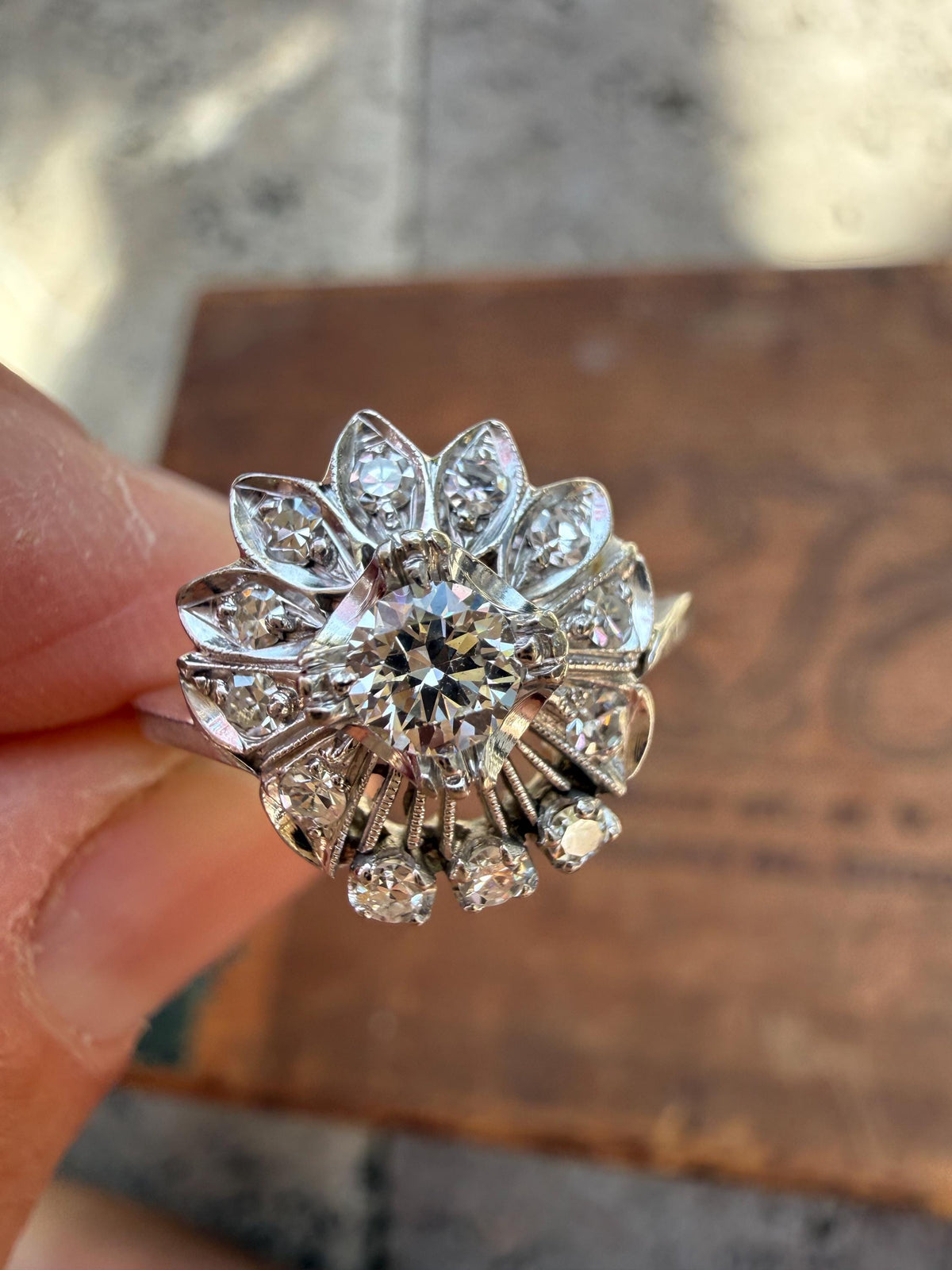 Antique Midcentury Cluster Flower Ring, Natural Diamonds, size 7. 1960’s