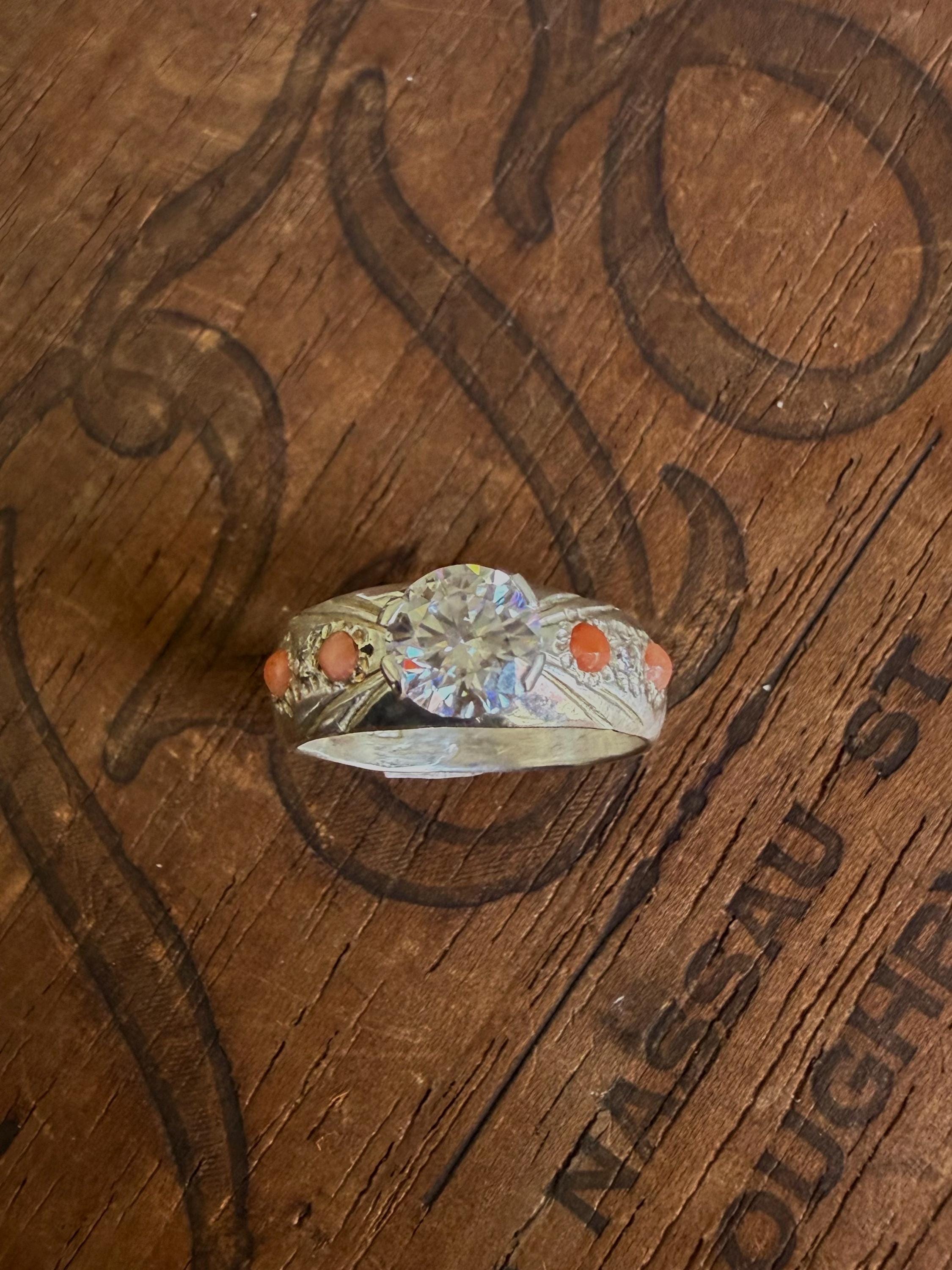 1 Carat Center Moissanite Diamond Ring with Vintage Coral and smaller moissanites in Sterling Silver with custom engraving, size 8