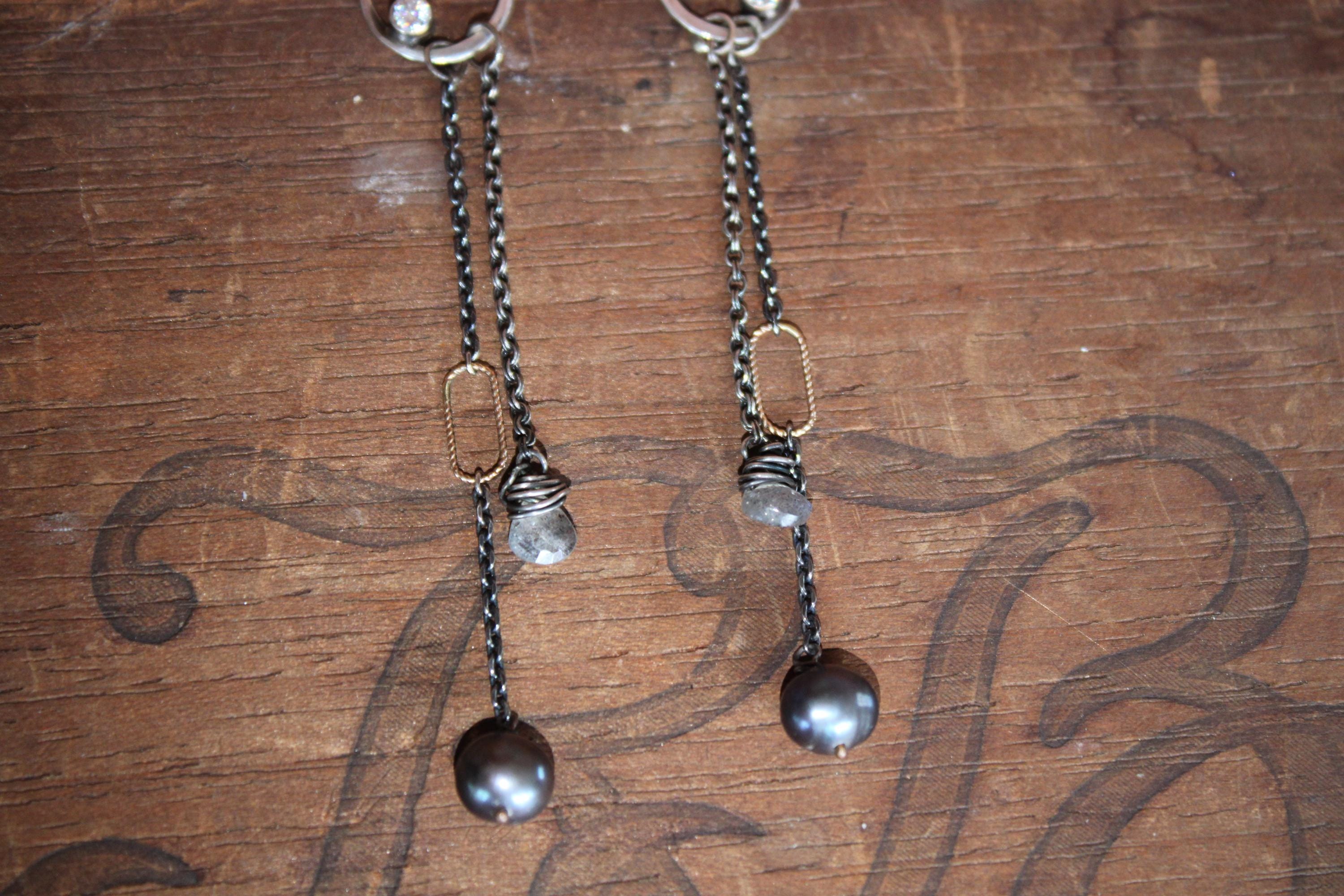 Hand-Forged Sterling Silver Earrings: Diamond, Black Pearl & Labradorite
