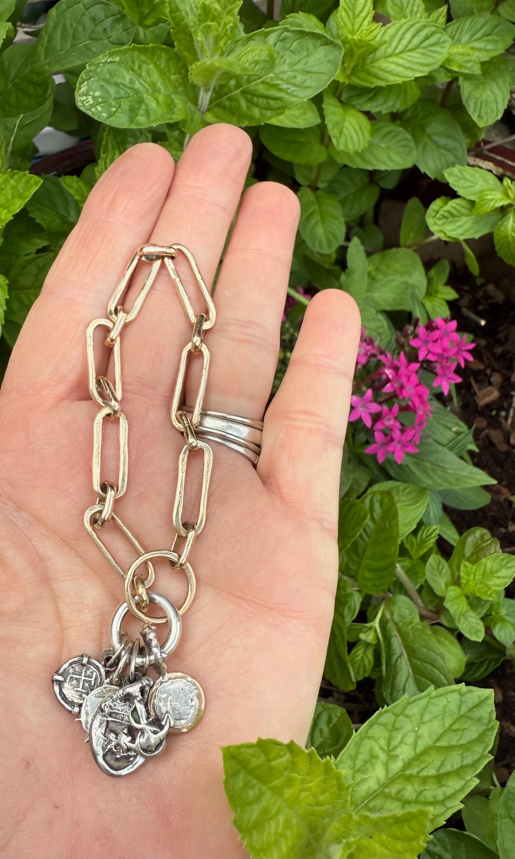 Hand-Forged 14KGF Paperclip Bracelet with Fine Silver Charms