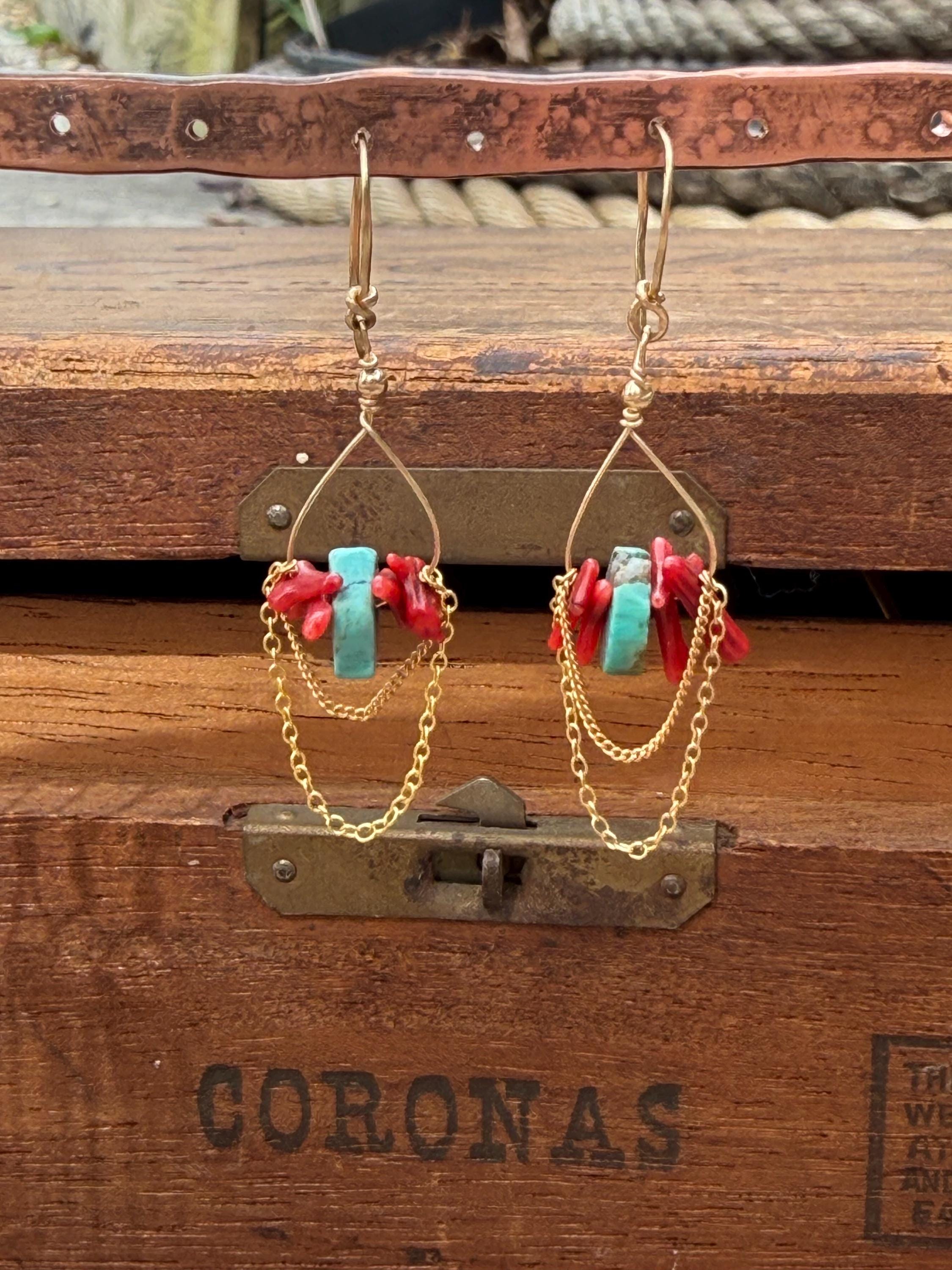 Red Coral & Turquoise Beaded Lightweight Chain Dangle Earrings in 14kgf, Handmade
