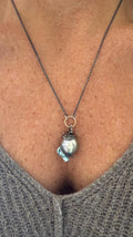 Giant Black Baroque Pearl Necklace with Sterling silver Chain and 14k Gold; 24” long.