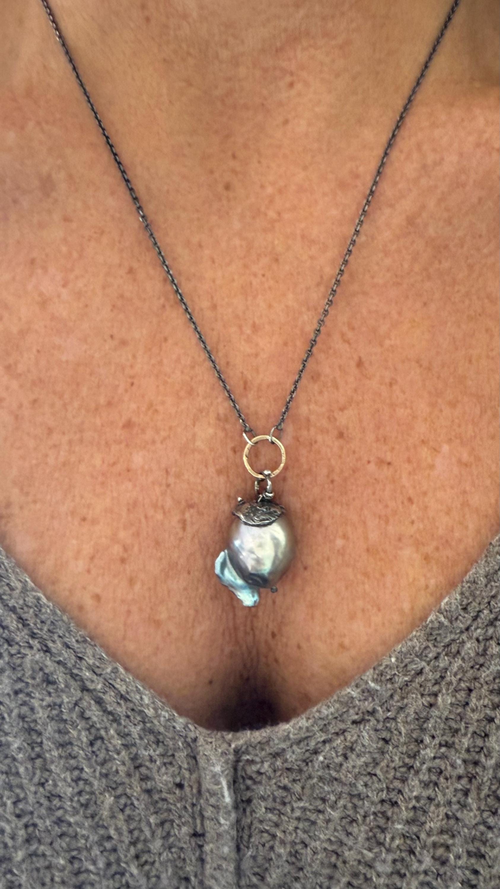 Giant Black Baroque Pearl Necklace with Sterling silver Chain and 14k Gold; 24” long.