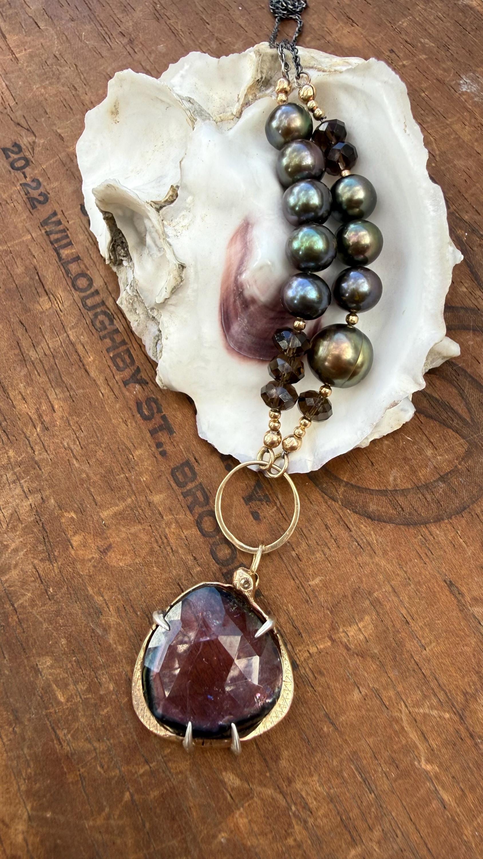 Watermelon Tourmaline Snake Necklace: 14k Gold, Diamond, Pearls, Smoky Topaz