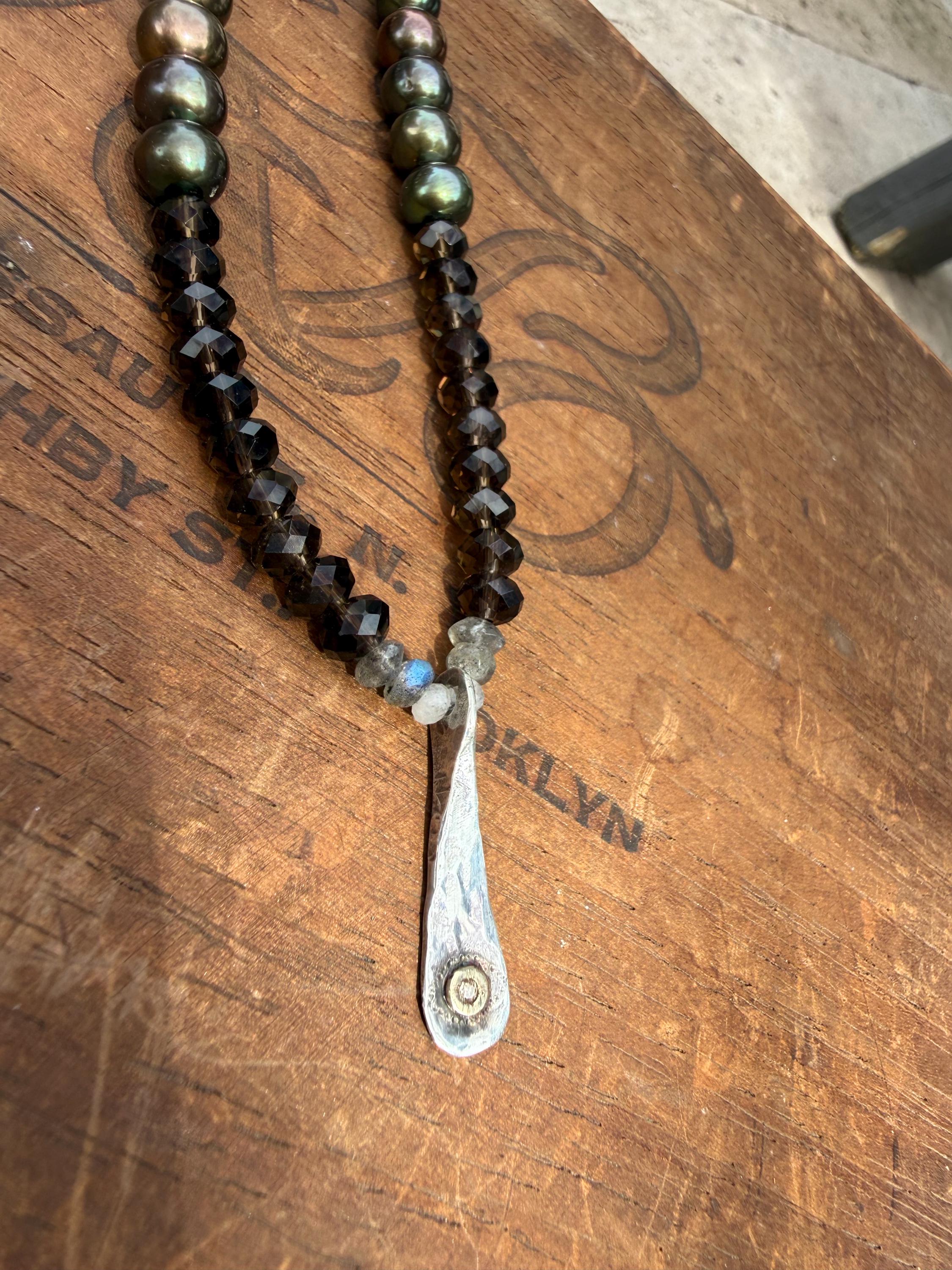 Evil Eye Sterling Silver Necklace: Smoky Quartz, Labradorite, Pearl, and Natural Champagne Diamond