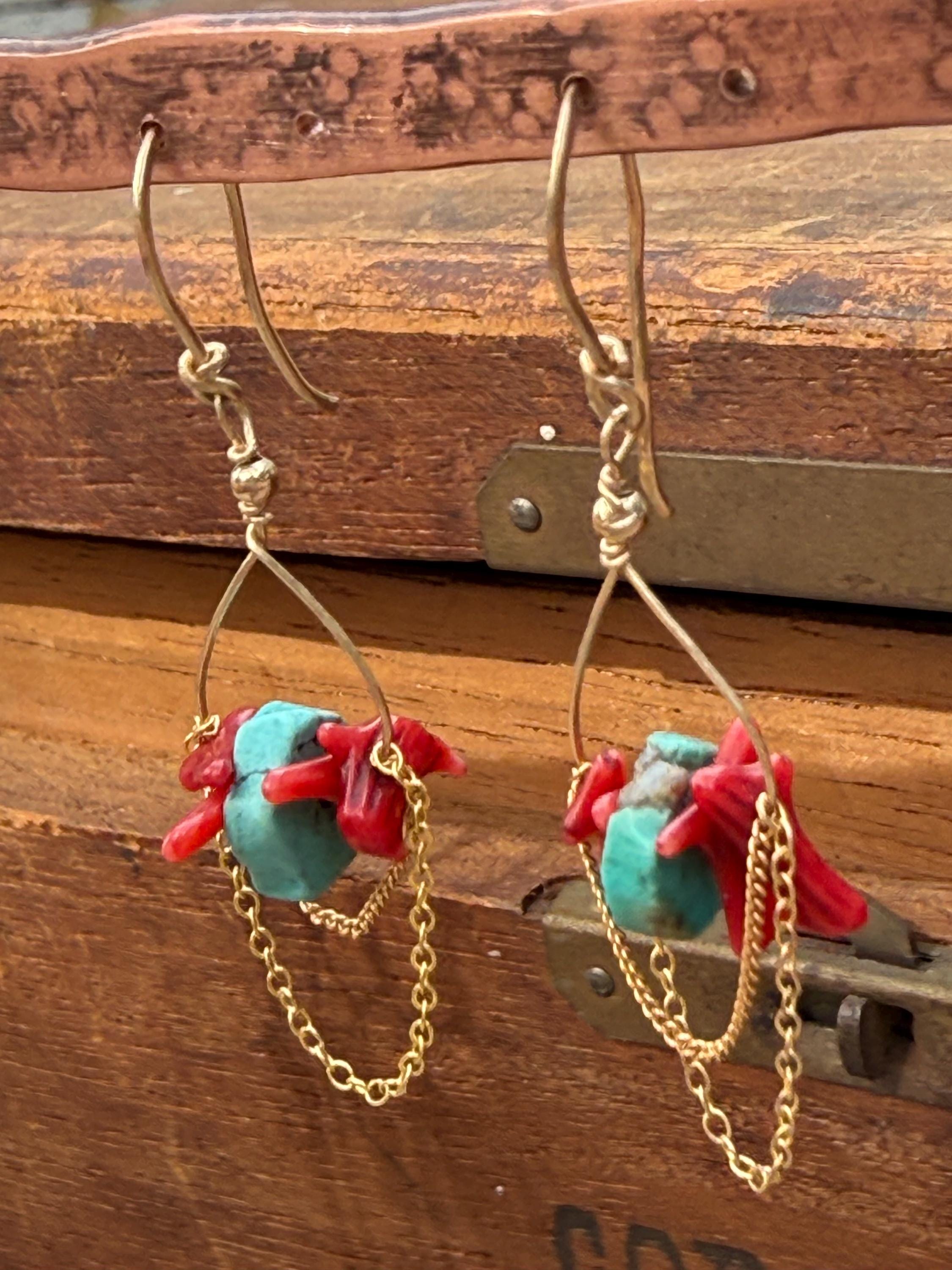 Red Coral & Turquoise Beaded Lightweight Chain Dangle Earrings in 14kgf, Handmade