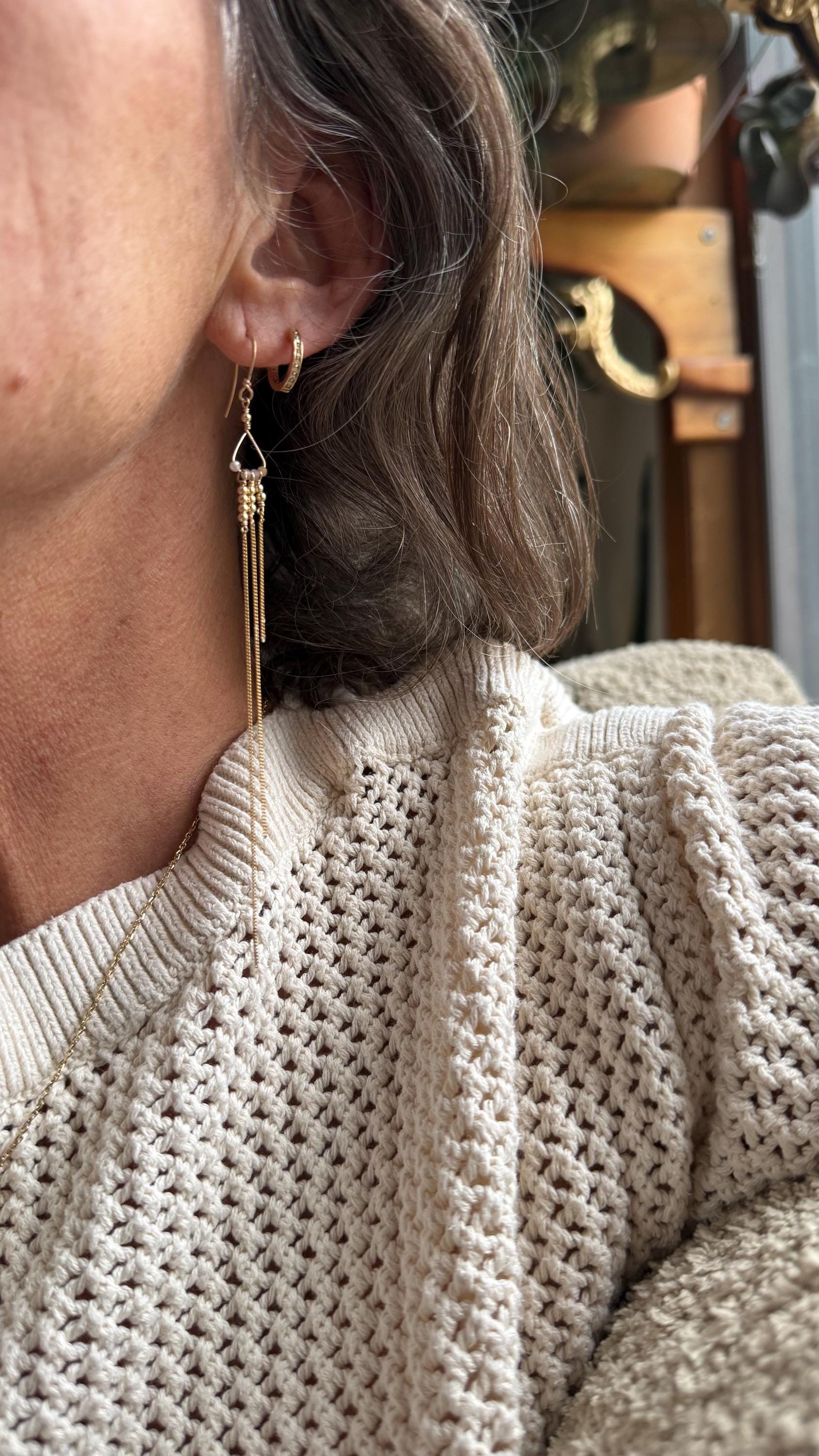 Peach Moonstone & Chain Extra Long Fringe Dangle Earrings in 14kgf, Handmade